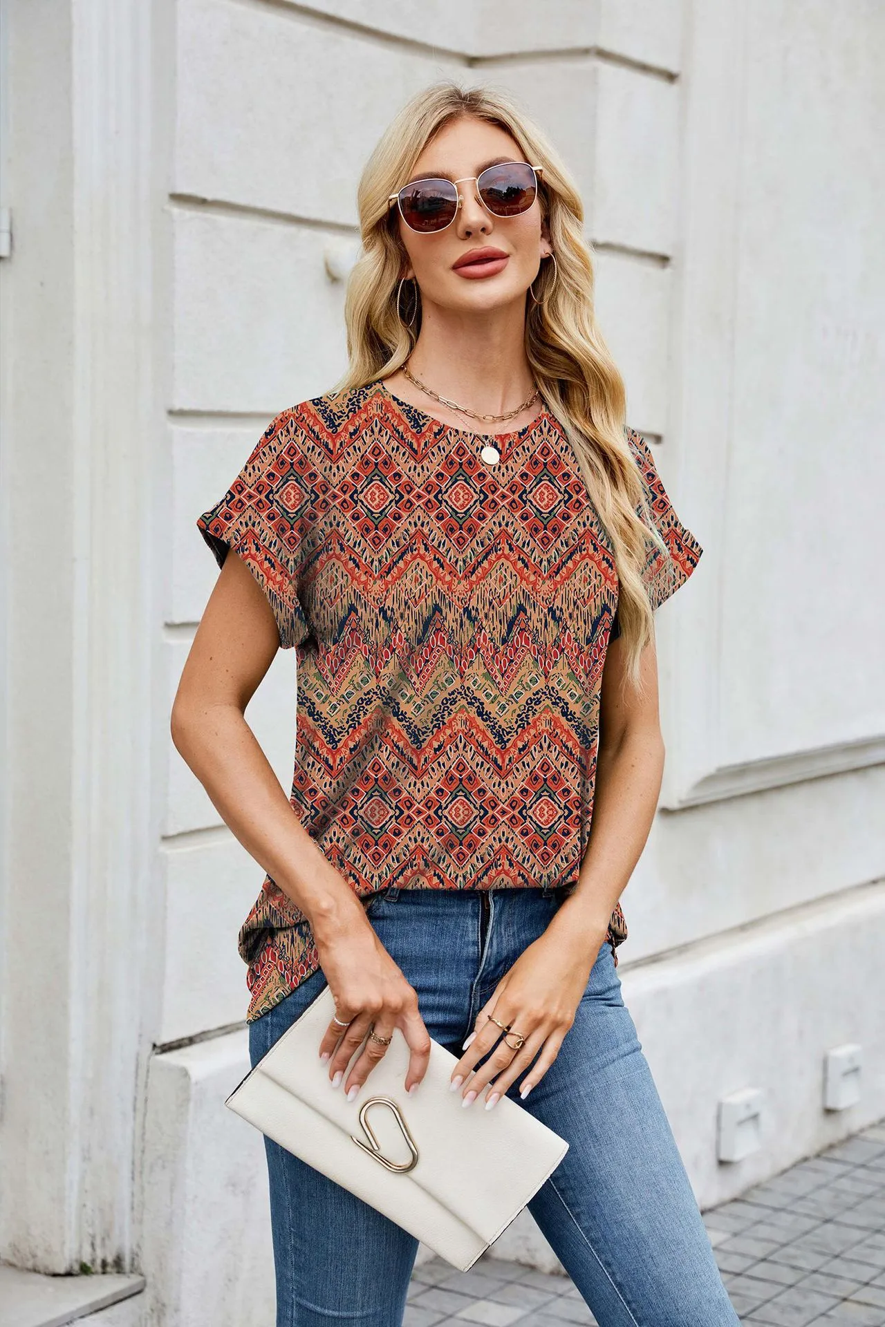 Europe And The United States  Foreign Trade  Spring Summer Summer Printed Round Neck Loose Short Sleeve T-shirt Top Women's In Stock display picture 26