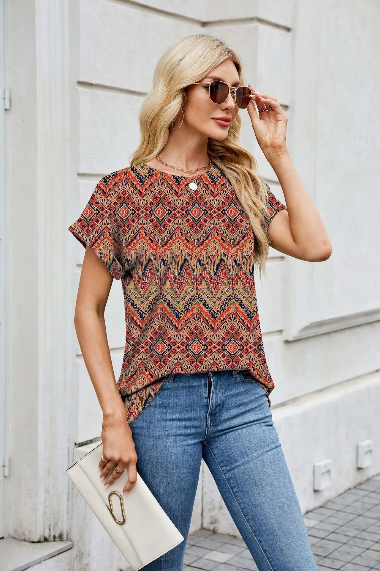 Europe And The United States  Foreign Trade  Spring Summer Summer Printed Round Neck Loose Short Sleeve T-shirt Top Women's In Stock display picture 27