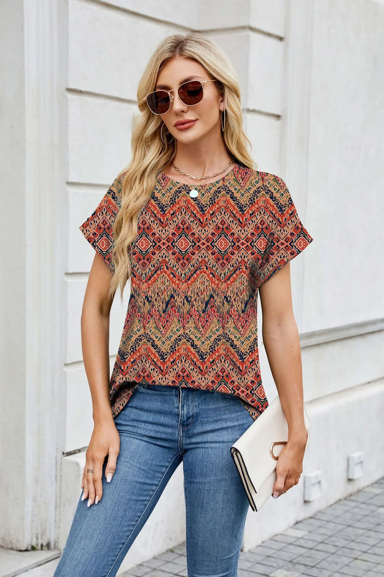 Europe And The United States  Foreign Trade  Spring Summer Summer Printed Round Neck Loose Short Sleeve T-shirt Top Women's In Stock display picture 29