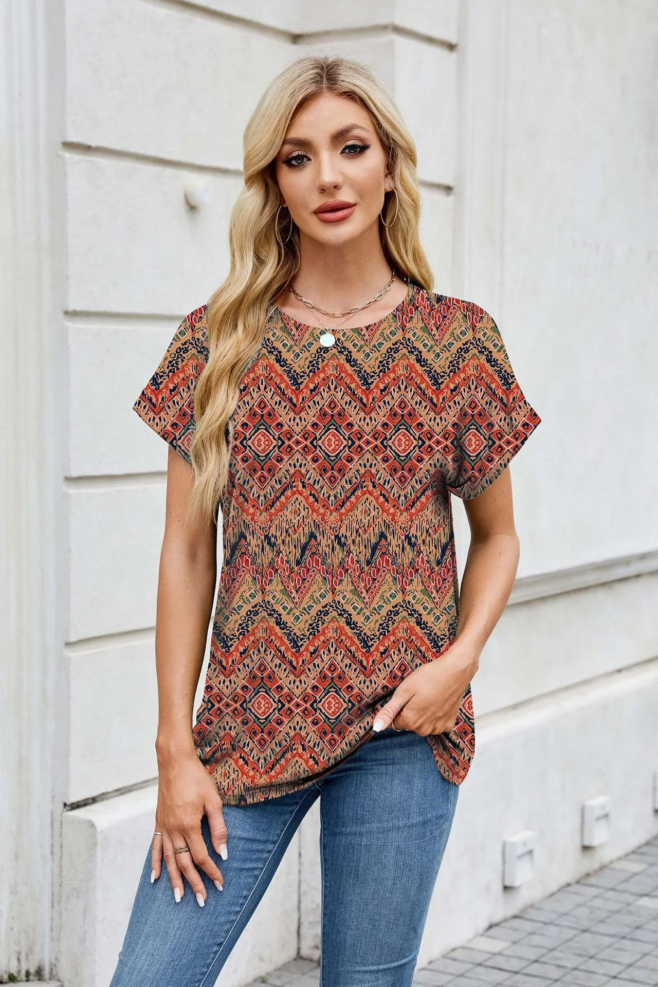 Europe And The United States  Foreign Trade  Spring Summer Summer Printed Round Neck Loose Short Sleeve T-shirt Top Women's In Stock display picture 30