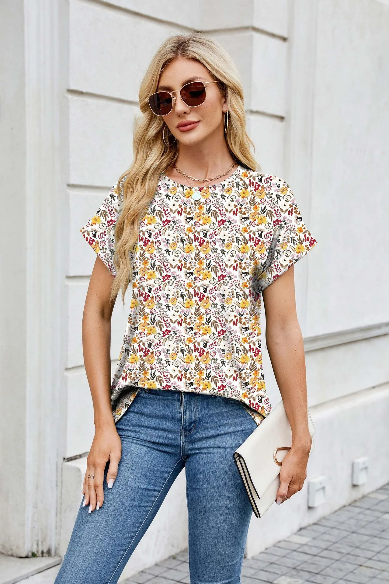 Europe And The United States  Foreign Trade  Spring Summer Summer Printed Round Neck Loose Short Sleeve T-shirt Top Women's In Stock display picture 35