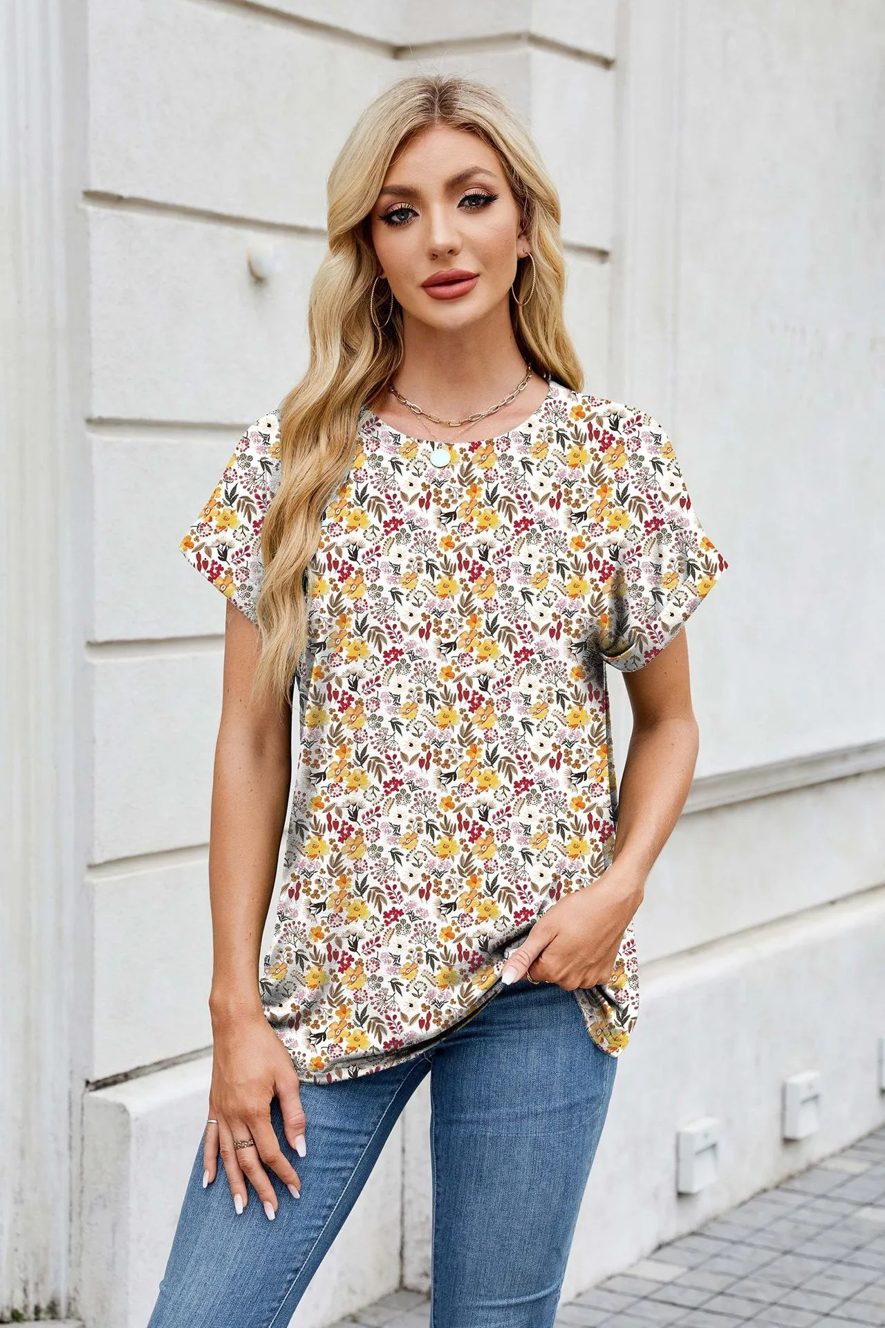 Europe And The United States  Foreign Trade  Spring Summer Summer Printed Round Neck Loose Short Sleeve T-shirt Top Women's In Stock display picture 36