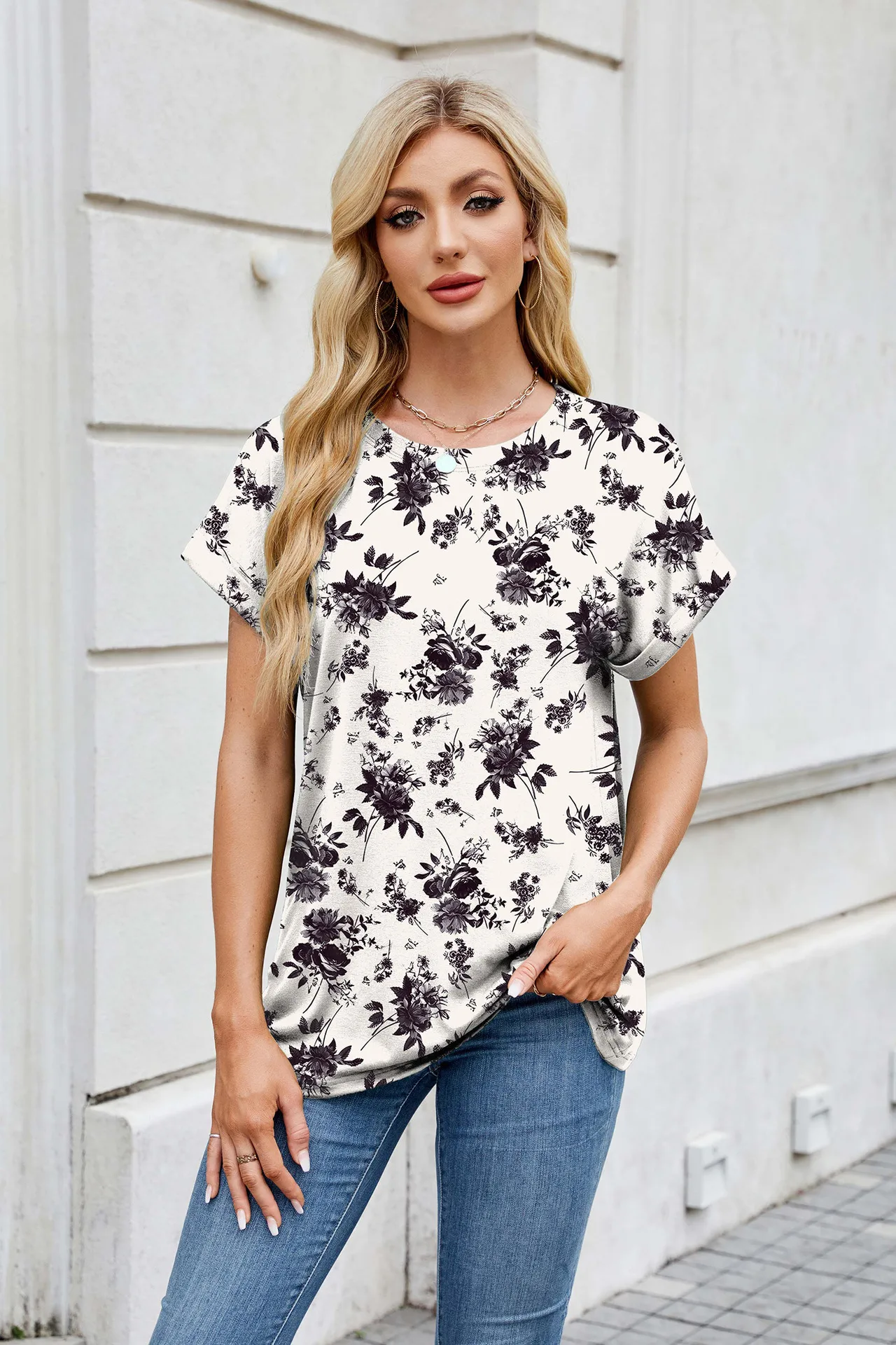 Europe And The United States  Foreign Trade  Spring Summer Summer Printed Round Neck Loose Short Sleeve T-shirt Top Women's In Stock display picture 42