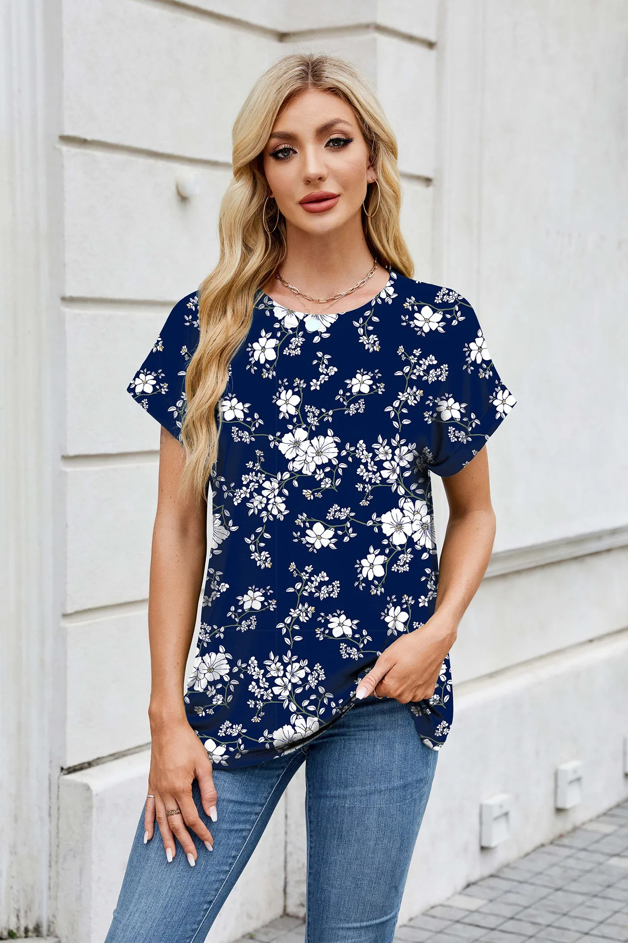 Europe And The United States  Foreign Trade  Spring Summer Summer Printed Round Neck Loose Short Sleeve T-shirt Top Women's In Stock display picture 48