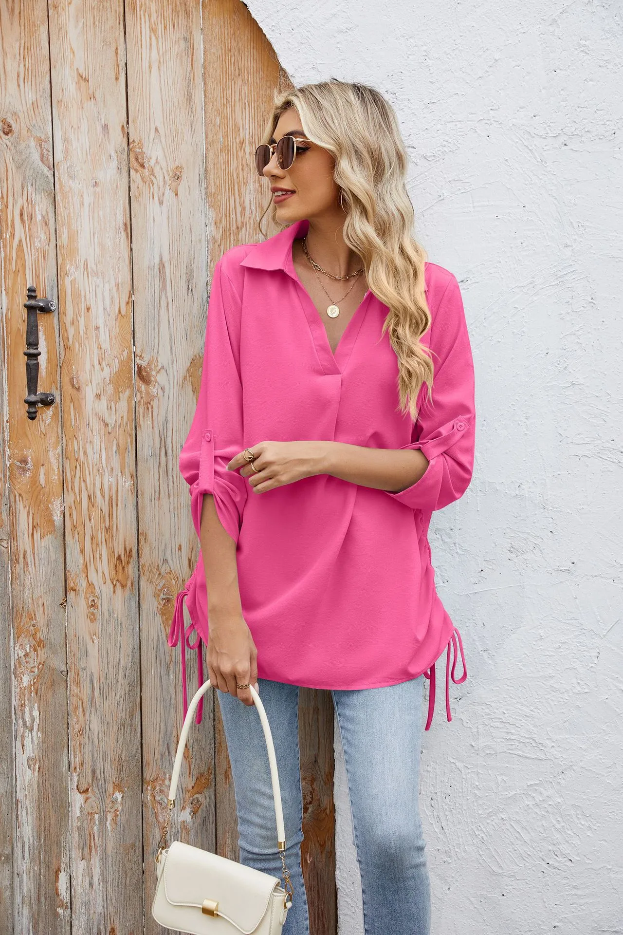 Europe And The United States  Foreign Trade  Spring And Summer New Solid Color Lapel Loose Sleeve Shirt Chiffon Top Women display picture 7