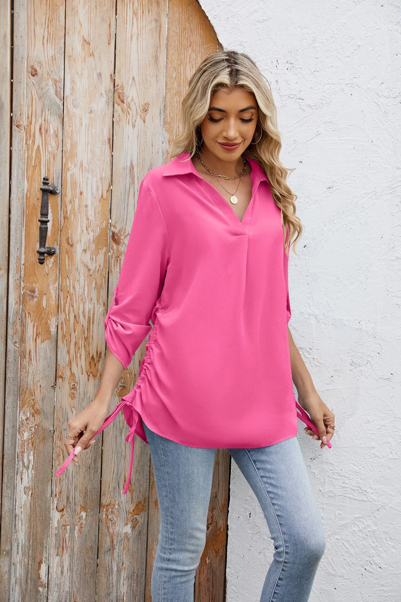 Europe And The United States  Foreign Trade  Spring And Summer New Solid Color Lapel Loose Sleeve Shirt Chiffon Top Women display picture 8