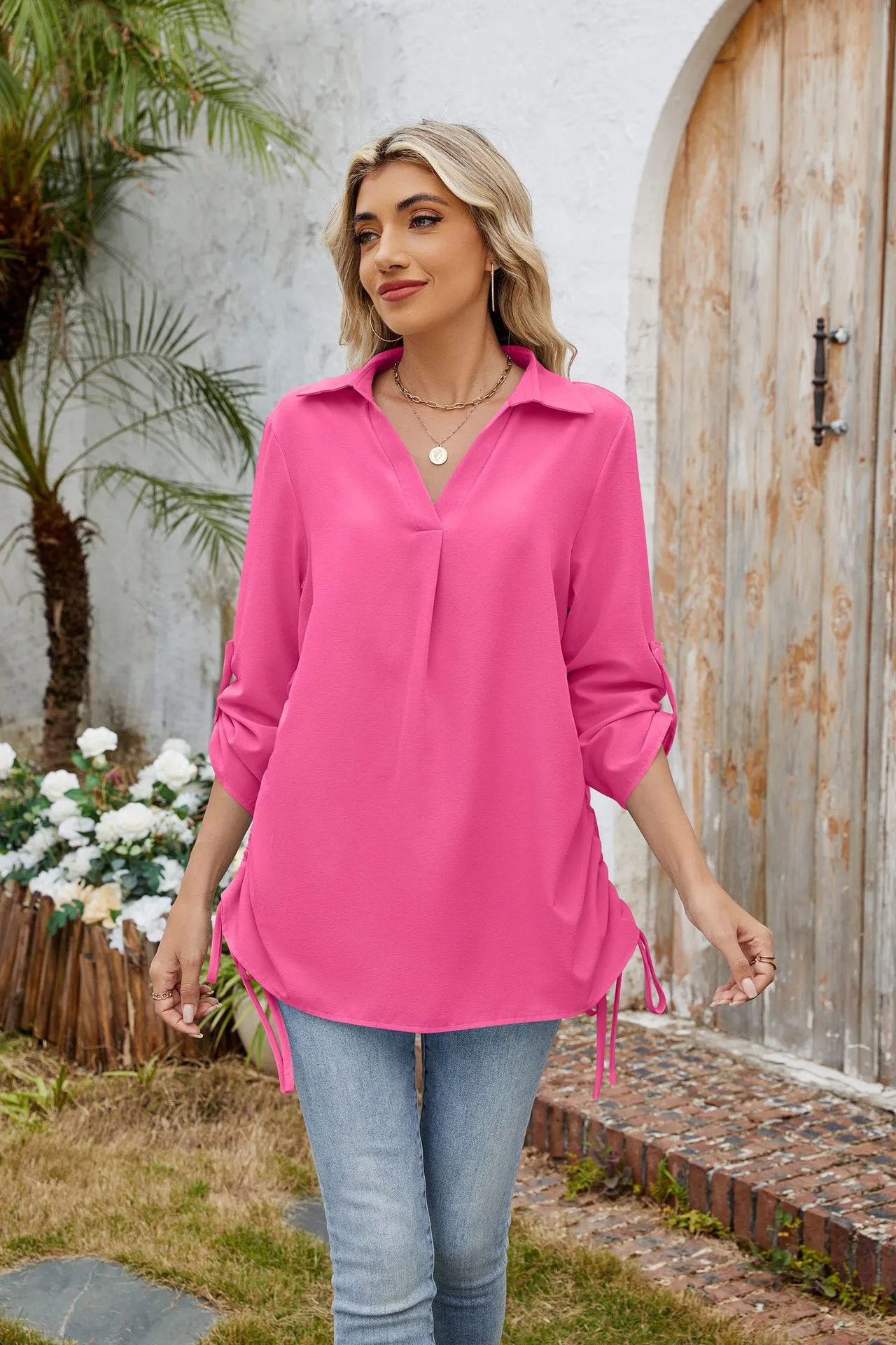Europe And The United States  Foreign Trade  Spring And Summer New Solid Color Lapel Loose Sleeve Shirt Chiffon Top Women display picture 9