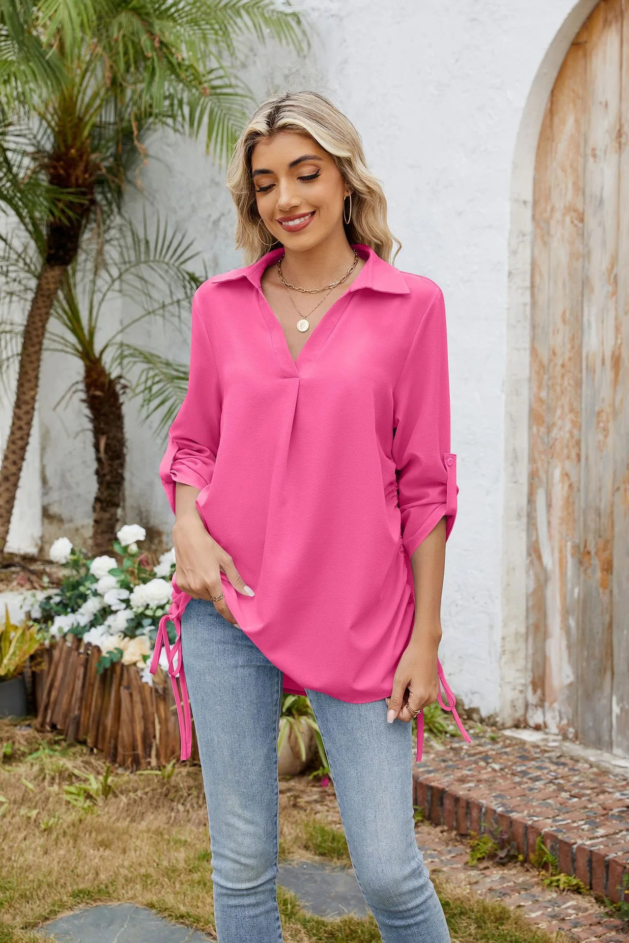 Europe And The United States  Foreign Trade  Spring And Summer New Solid Color Lapel Loose Sleeve Shirt Chiffon Top Women display picture 10