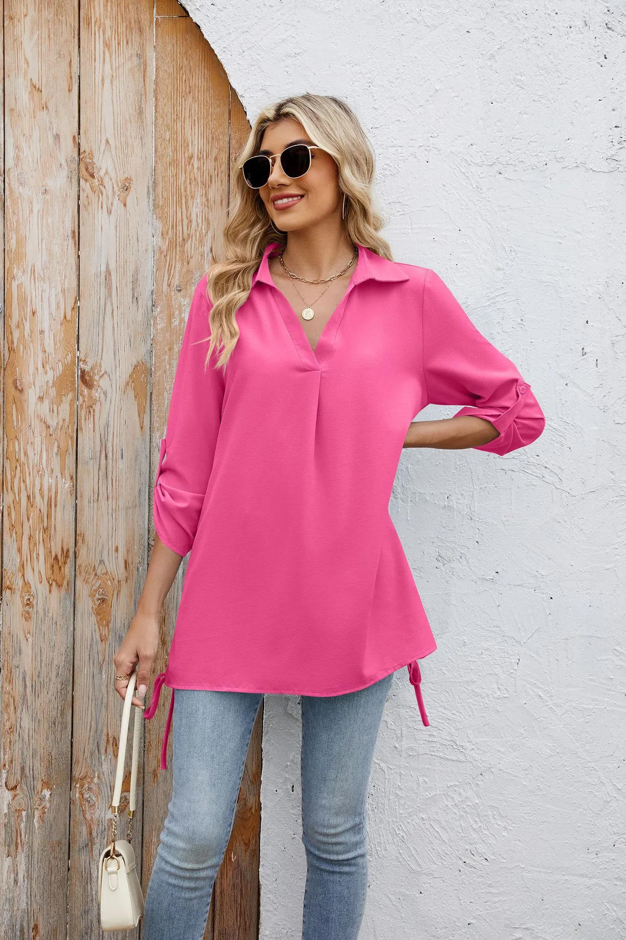 Europe And The United States  Foreign Trade  Spring And Summer New Solid Color Lapel Loose Sleeve Shirt Chiffon Top Women display picture 11