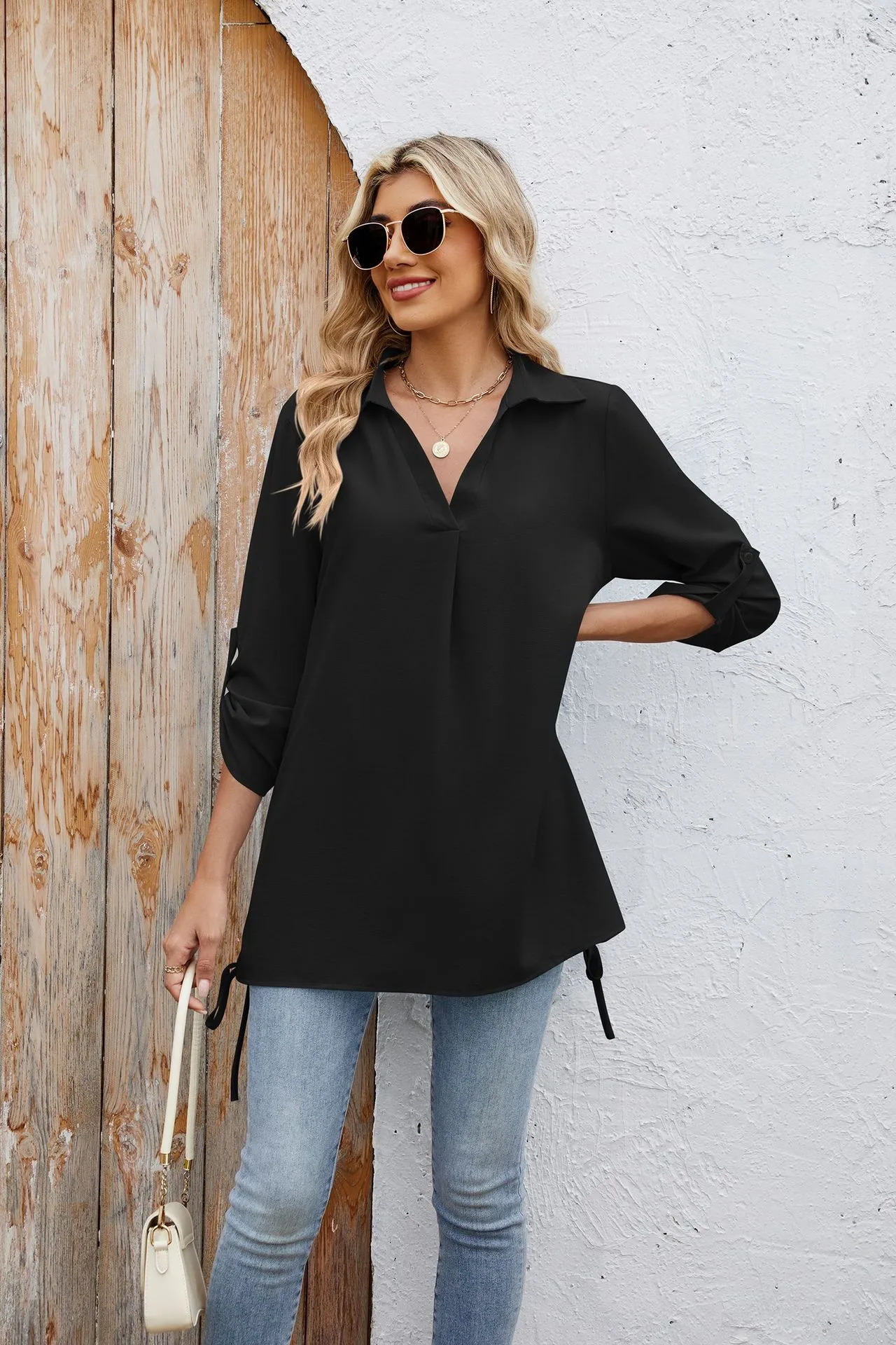 Europe And The United States  Foreign Trade  Spring And Summer New Solid Color Lapel Loose Sleeve Shirt Chiffon Top Women display picture 13