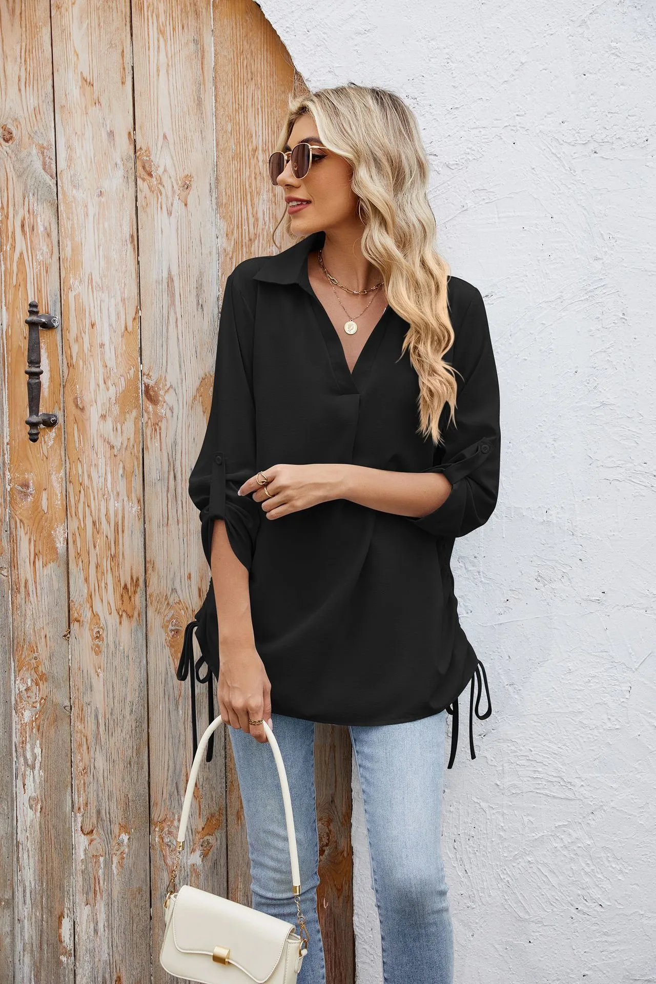 Europe And The United States  Foreign Trade  Spring And Summer New Solid Color Lapel Loose Sleeve Shirt Chiffon Top Women display picture 14