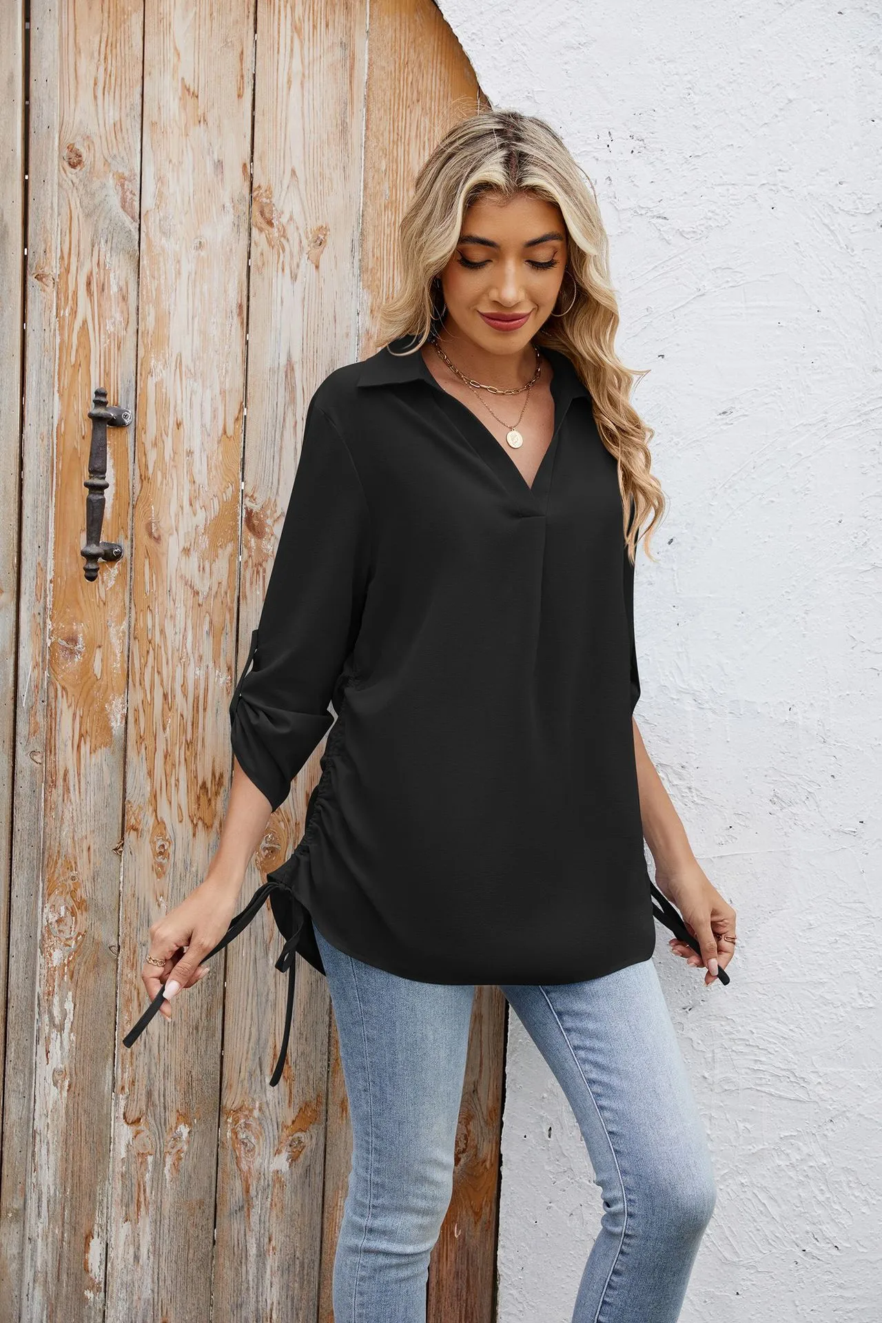 Europe And The United States  Foreign Trade  Spring And Summer New Solid Color Lapel Loose Sleeve Shirt Chiffon Top Women display picture 15