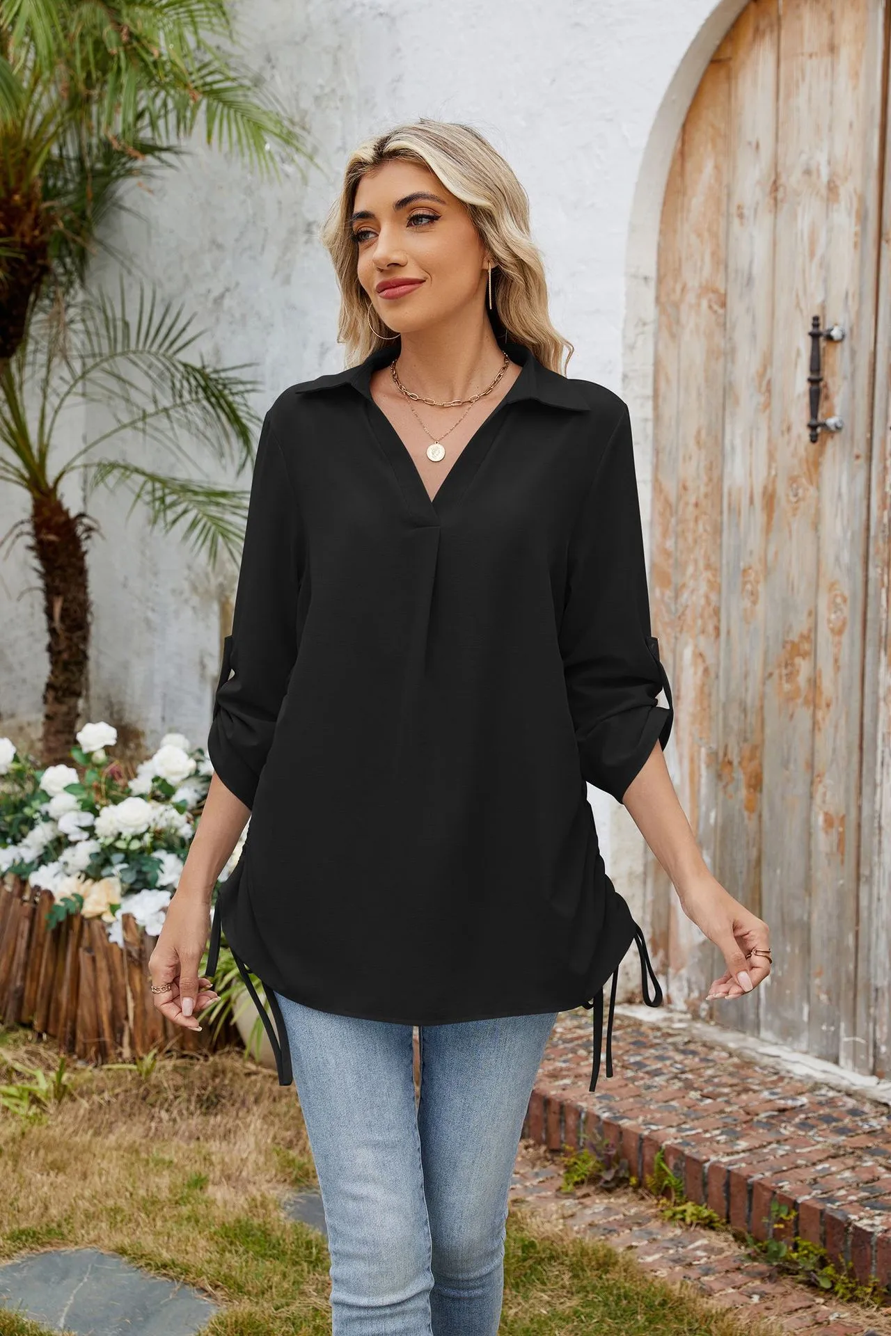 Europe And The United States  Foreign Trade  Spring And Summer New Solid Color Lapel Loose Sleeve Shirt Chiffon Top Women display picture 16