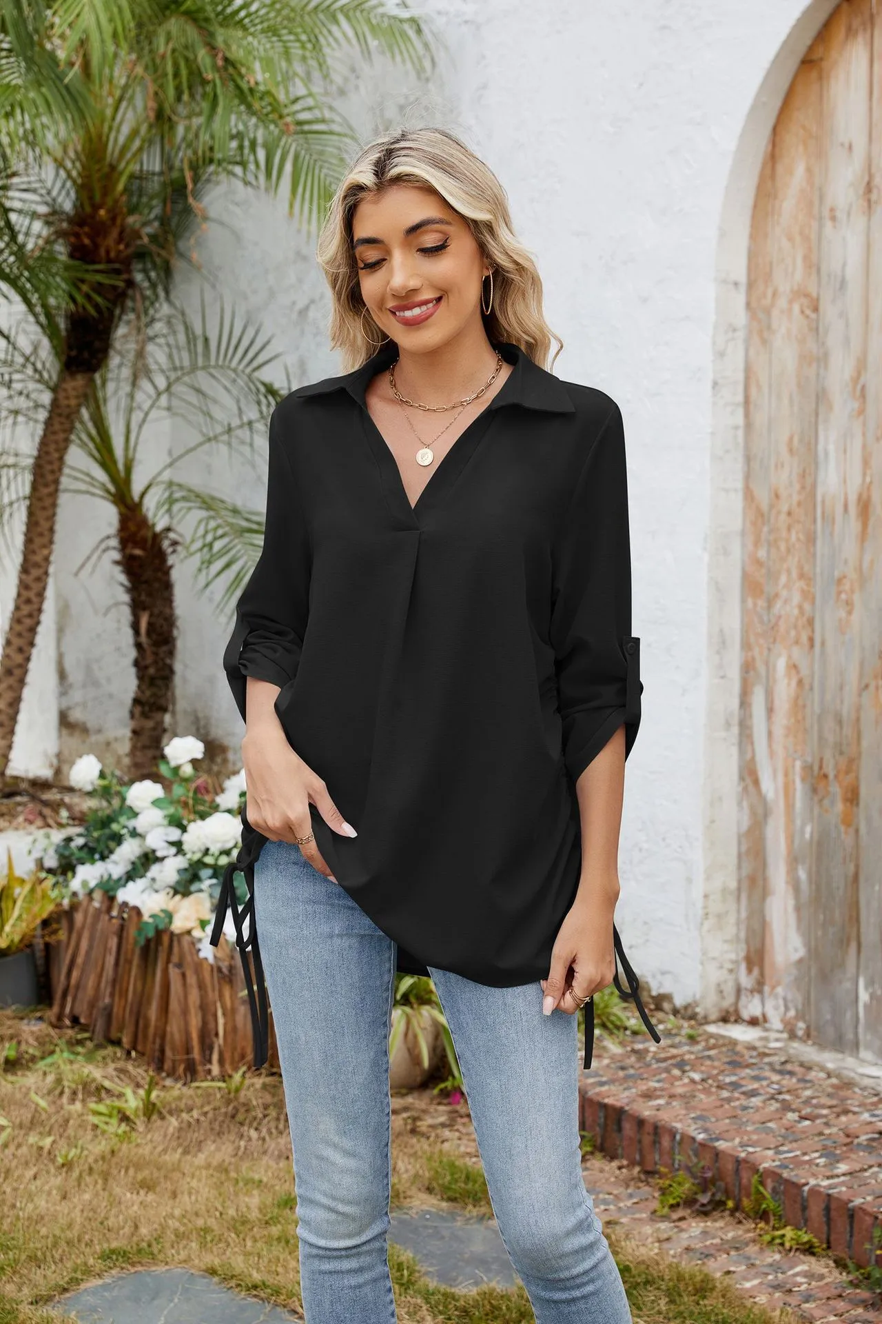 Europe And The United States  Foreign Trade  Spring And Summer New Solid Color Lapel Loose Sleeve Shirt Chiffon Top Women display picture 17