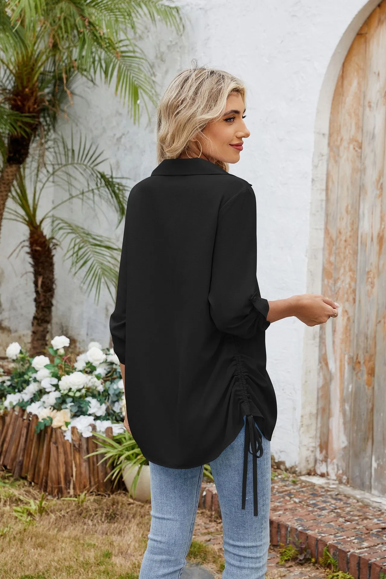 Europe And The United States  Foreign Trade  Spring And Summer New Solid Color Lapel Loose Sleeve Shirt Chiffon Top Women display picture 18