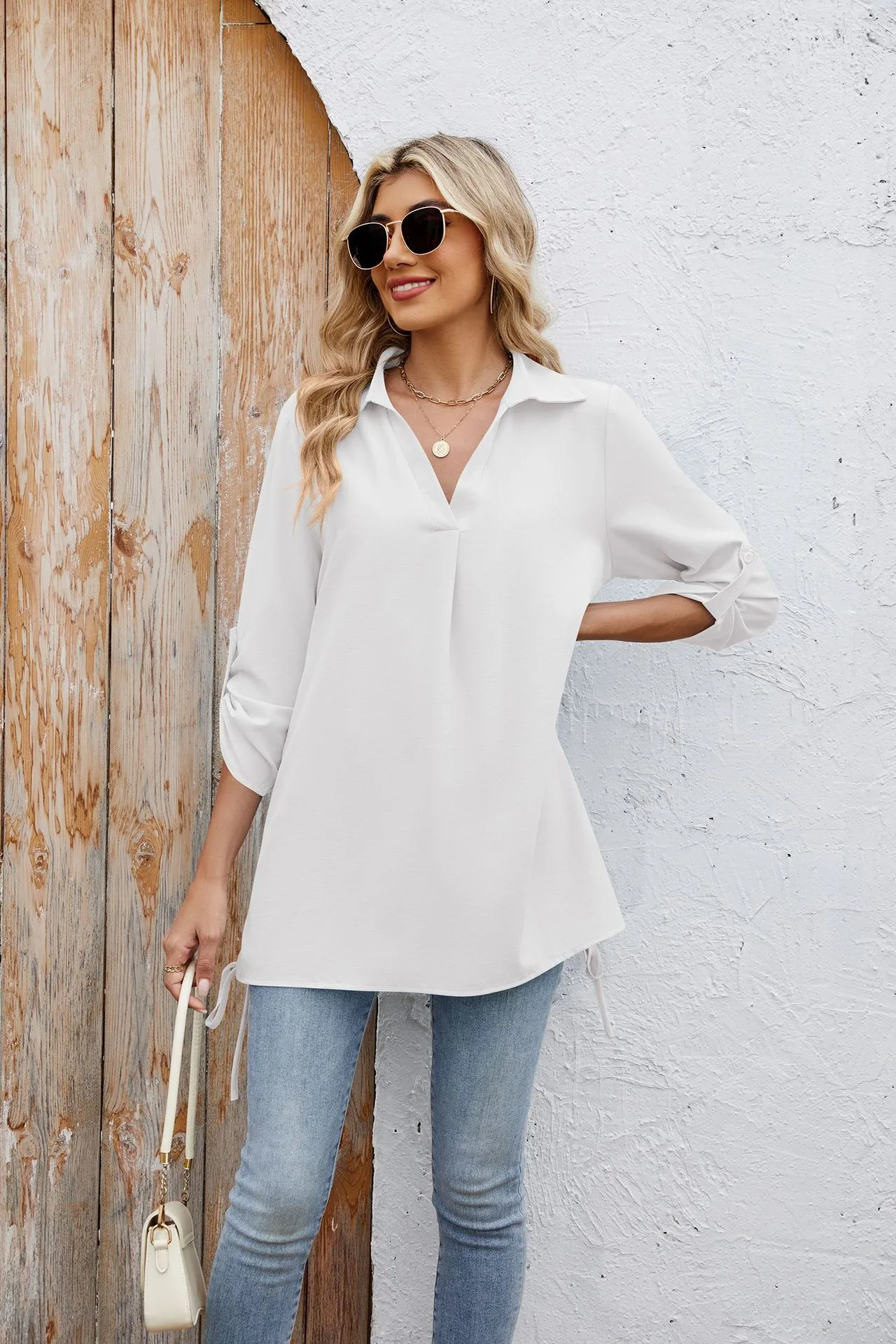 Europe And The United States  Foreign Trade  Spring And Summer New Solid Color Lapel Loose Sleeve Shirt Chiffon Top Women display picture 19