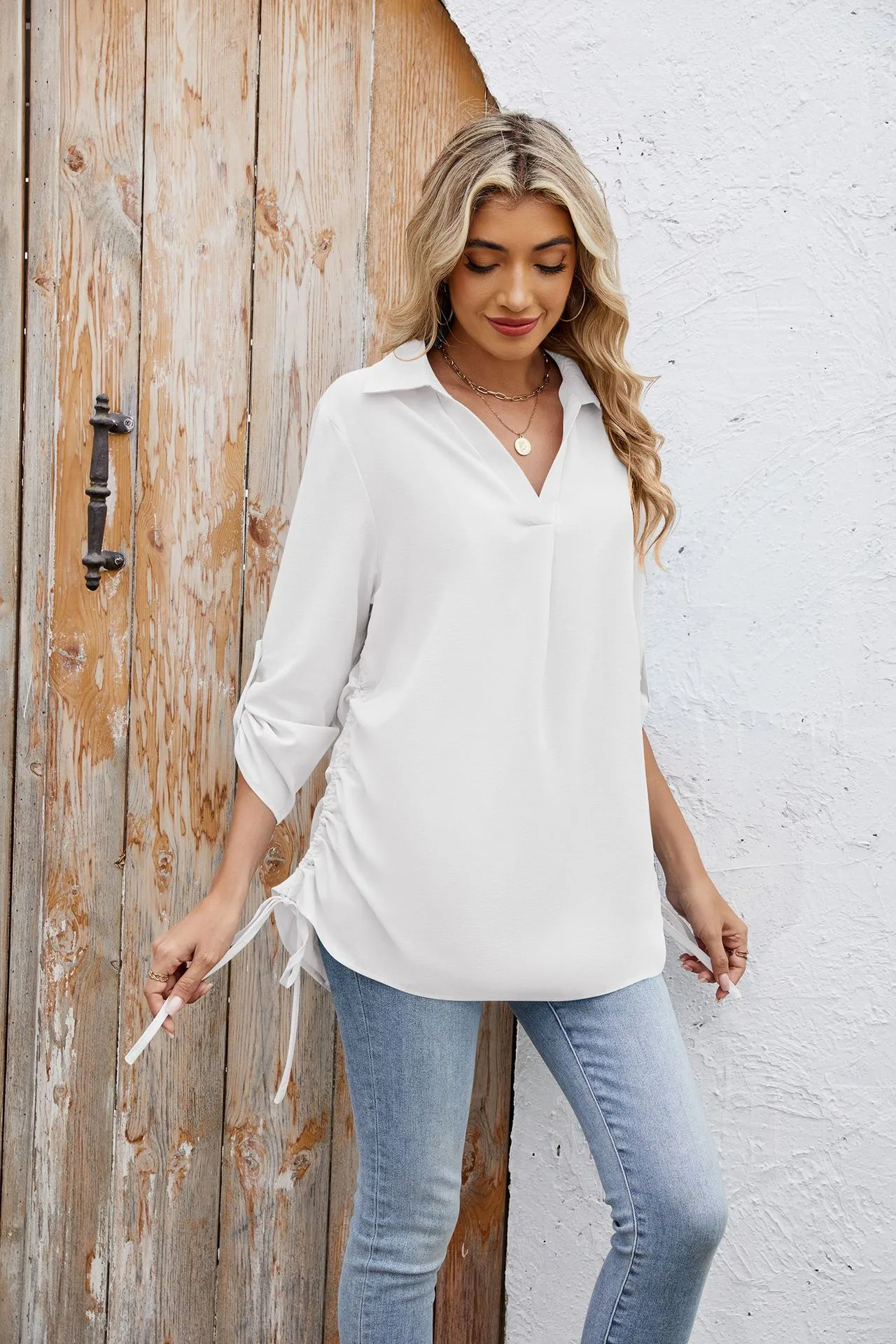 Europe And The United States  Foreign Trade  Spring And Summer New Solid Color Lapel Loose Sleeve Shirt Chiffon Top Women display picture 21