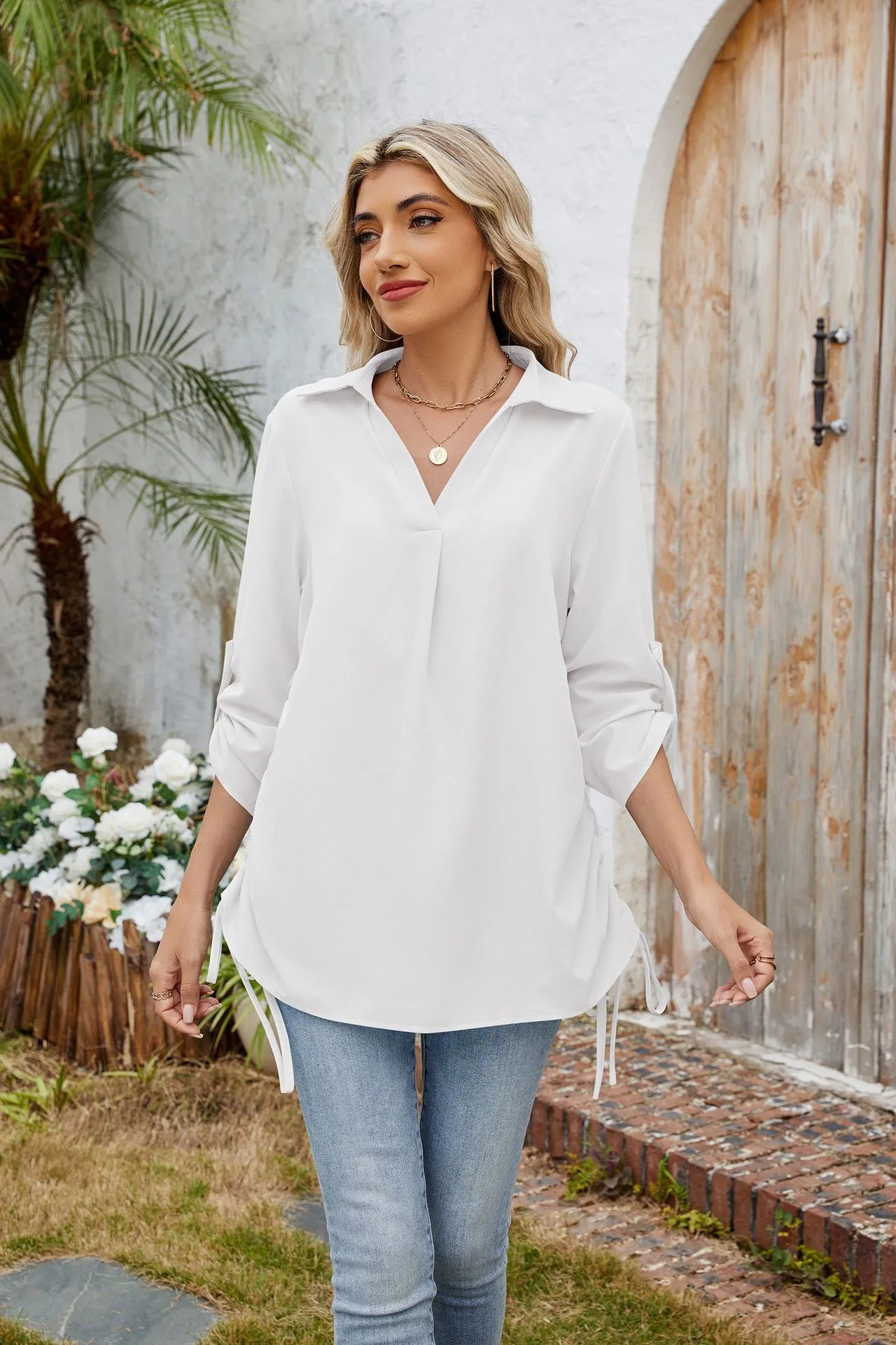 Europe And The United States  Foreign Trade  Spring And Summer New Solid Color Lapel Loose Sleeve Shirt Chiffon Top Women display picture 22