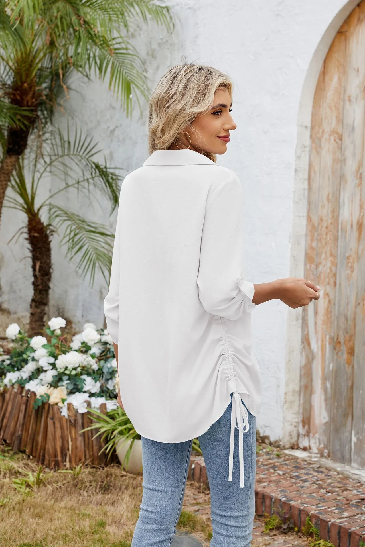 Europe And The United States  Foreign Trade  Spring And Summer New Solid Color Lapel Loose Sleeve Shirt Chiffon Top Women display picture 24