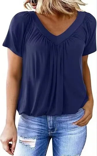 Trade   Women's T-shirt New Casual Pleated Solid Color V-neck Short Sleeve T-shirt Women's Loose display picture 6