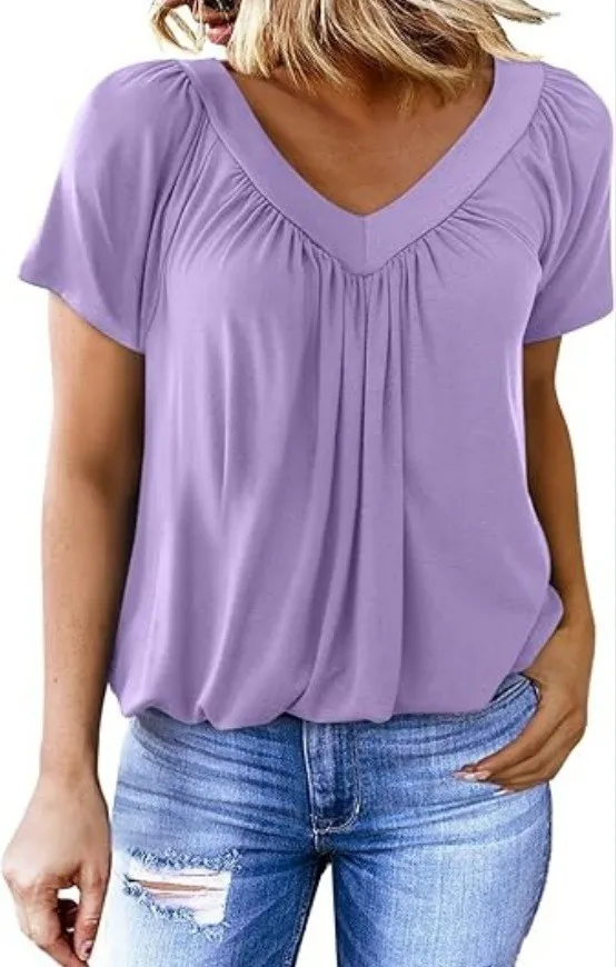 Trade   Women's T-shirt New Casual Pleated Solid Color V-neck Short Sleeve T-shirt Women's Loose display picture 7