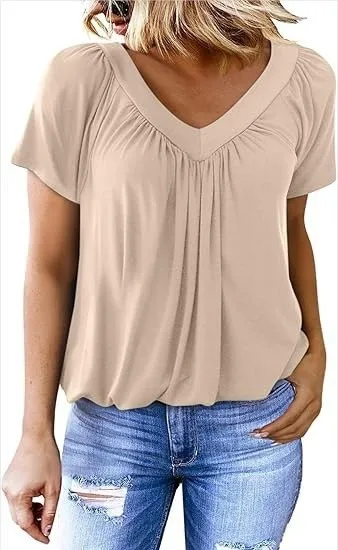Trade   Women's T-shirt New Casual Pleated Solid Color V-neck Short Sleeve T-shirt Women's Loose display picture 9