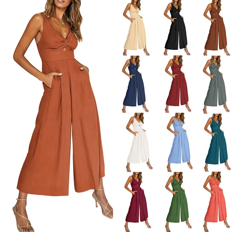 Summer Suspenders V-neck Hollow Pleated High Waist Wide Leg Pocket Women's Jumpsuit display picture 1