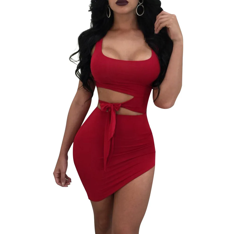 Factory Direct Popular Women's Summer Wear Navel Dress Round Neck Sleeveless Belt Irregular Fake Two-piece Dress Short Skirt display picture 2