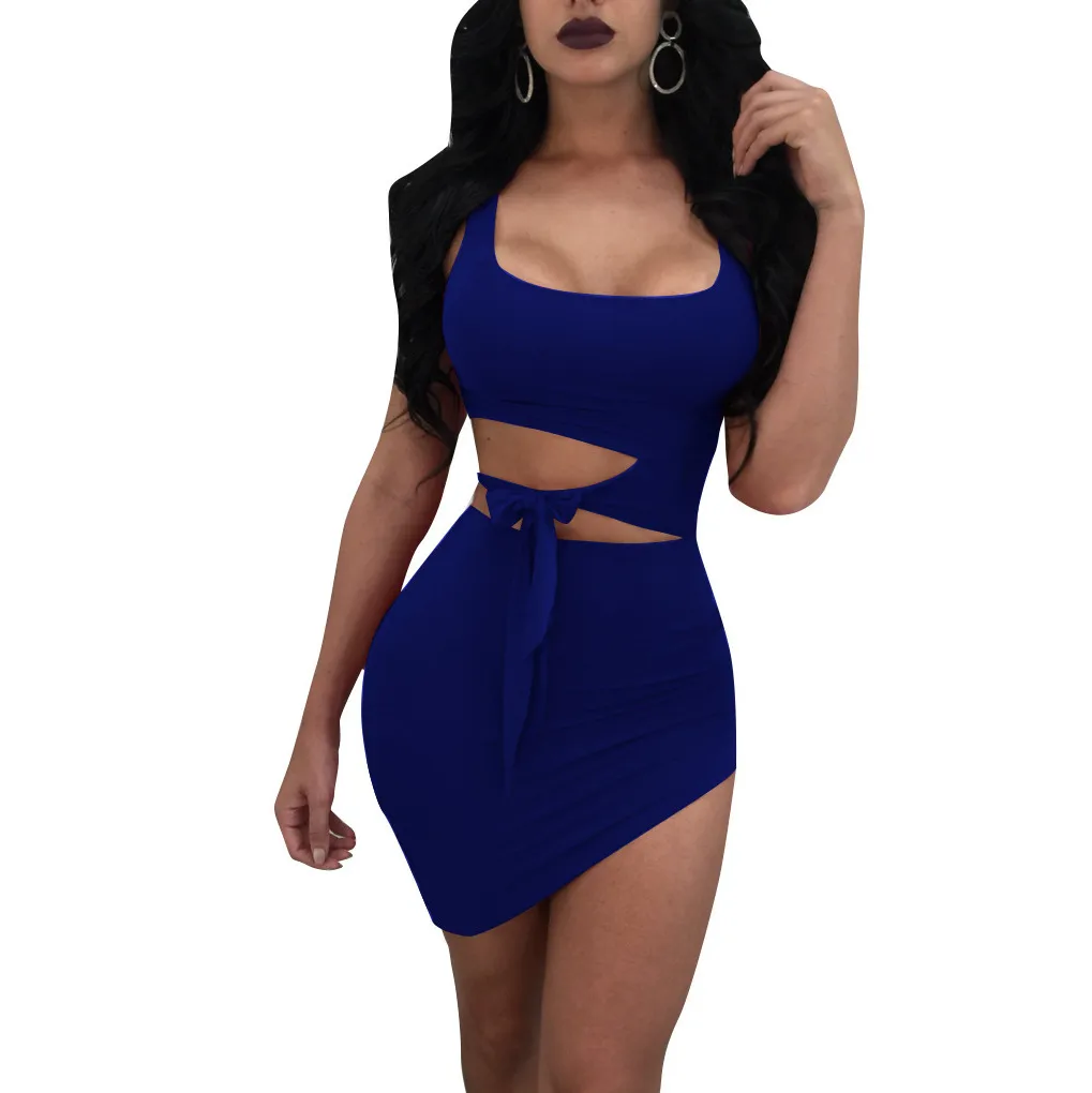 Factory Direct Popular Women's Summer Wear Navel Dress Round Neck Sleeveless Belt Irregular Fake Two-piece Dress Short Skirt display picture 3