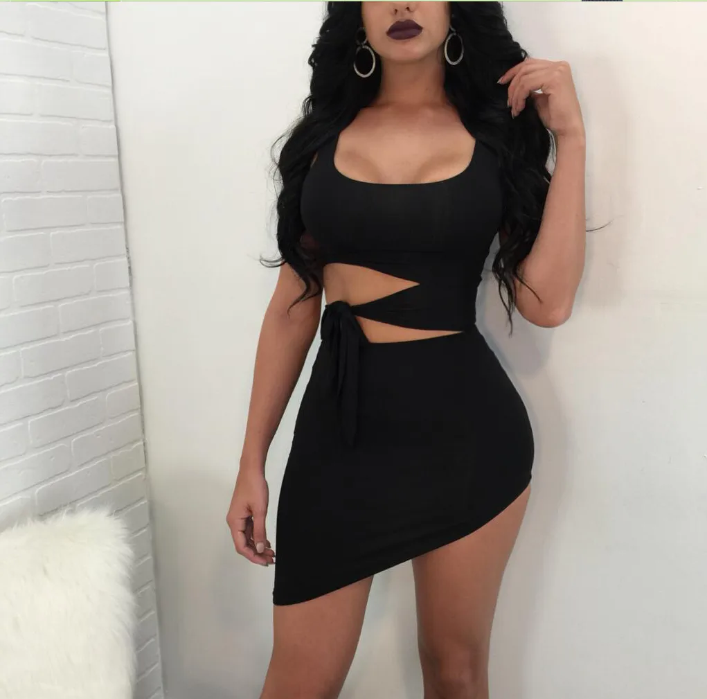 Factory Direct Popular Women's Summer Wear Navel Dress Round Neck Sleeveless Belt Irregular Fake Two-piece Dress Short Skirt display picture 4