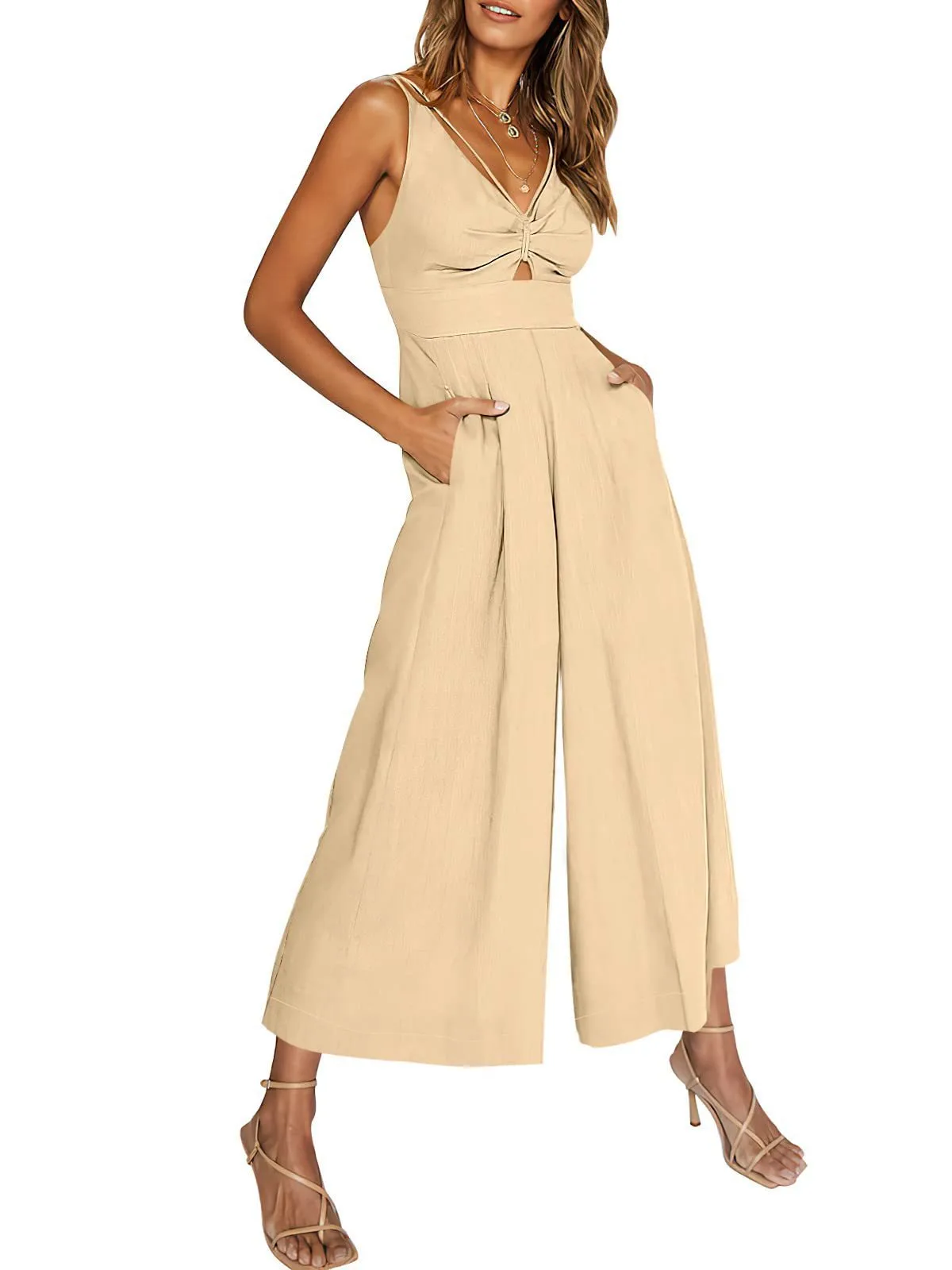 Summer Suspenders V-neck Hollow Pleated High Waist Wide Leg Pocket Women's Jumpsuit display picture 2