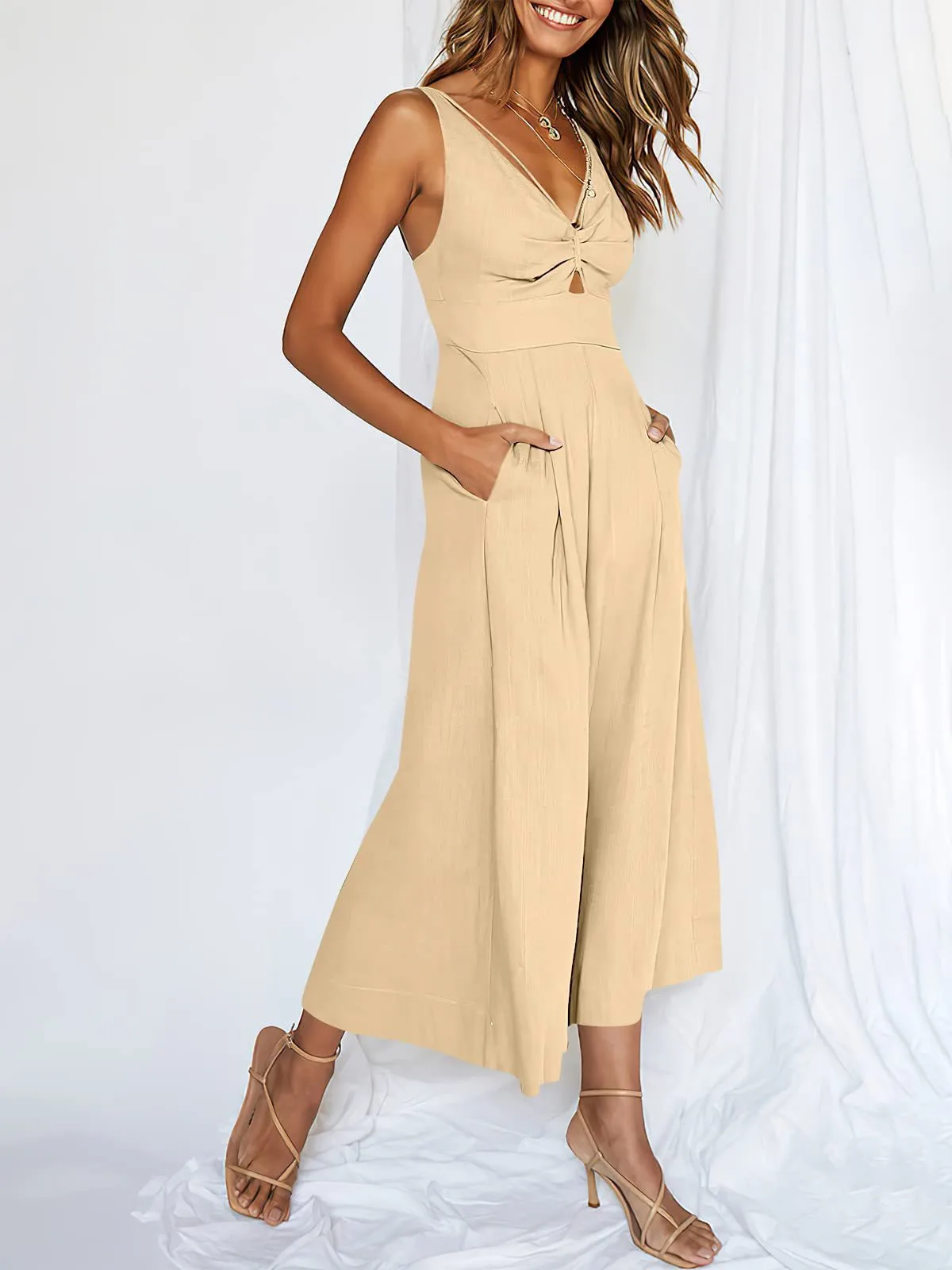 Summer Suspenders V-neck Hollow Pleated High Waist Wide Leg Pocket Women's Jumpsuit display picture 5
