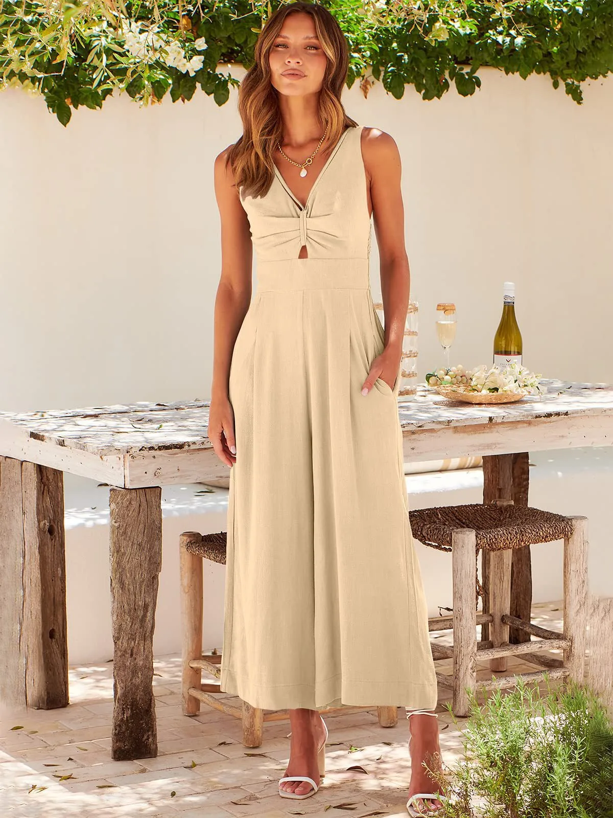 Summer Suspenders V-neck Hollow Pleated High Waist Wide Leg Pocket Women's Jumpsuit display picture 6