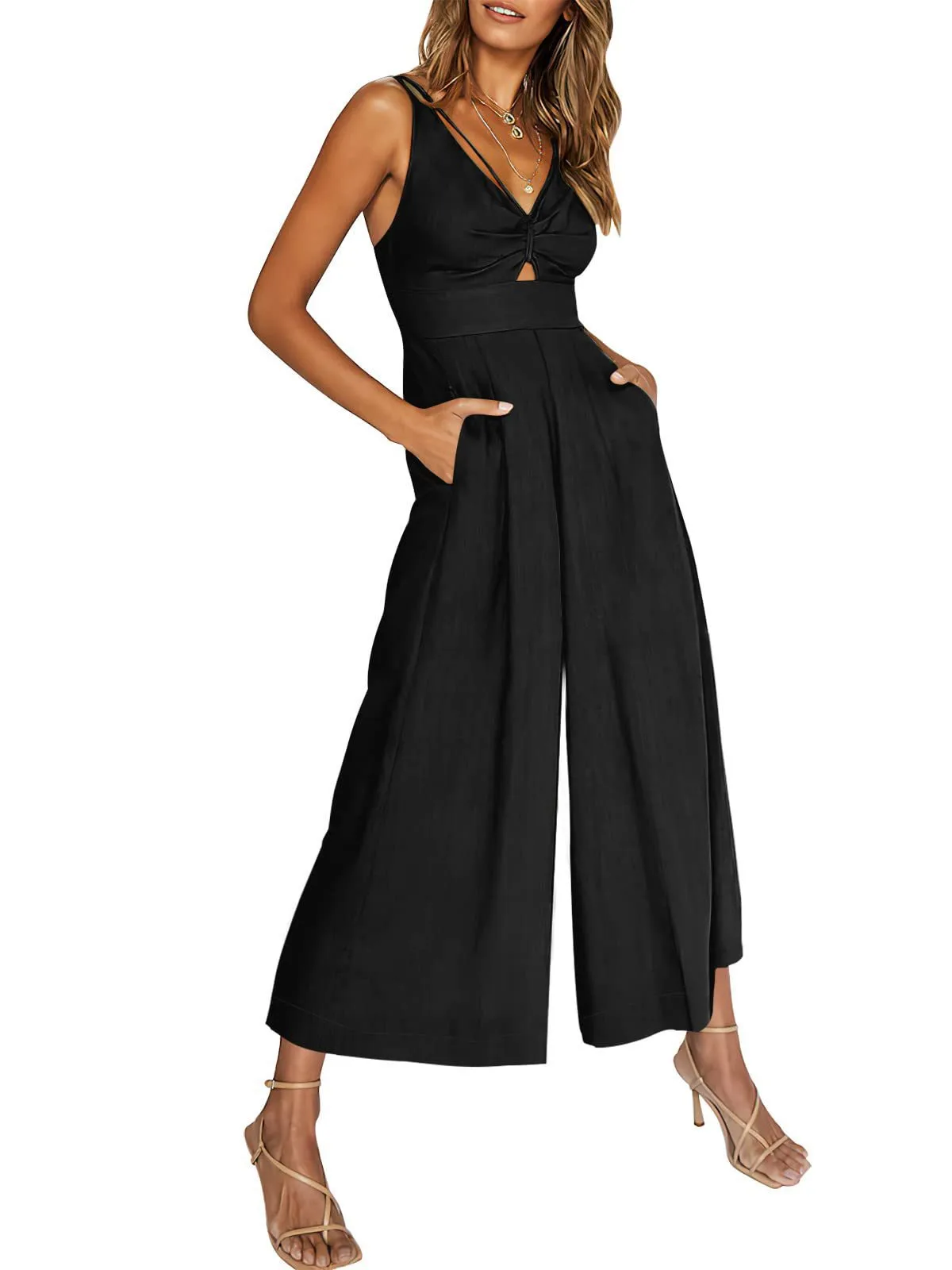 Summer Suspenders V-neck Hollow Pleated High Waist Wide Leg Pocket Women's Jumpsuit display picture 8