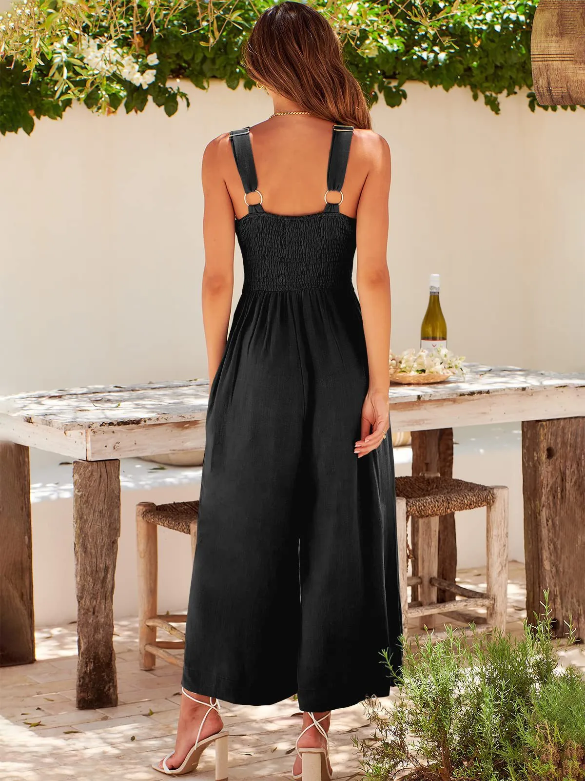 Summer Suspenders V-neck Hollow Pleated High Waist Wide Leg Pocket Women's Jumpsuit display picture 13