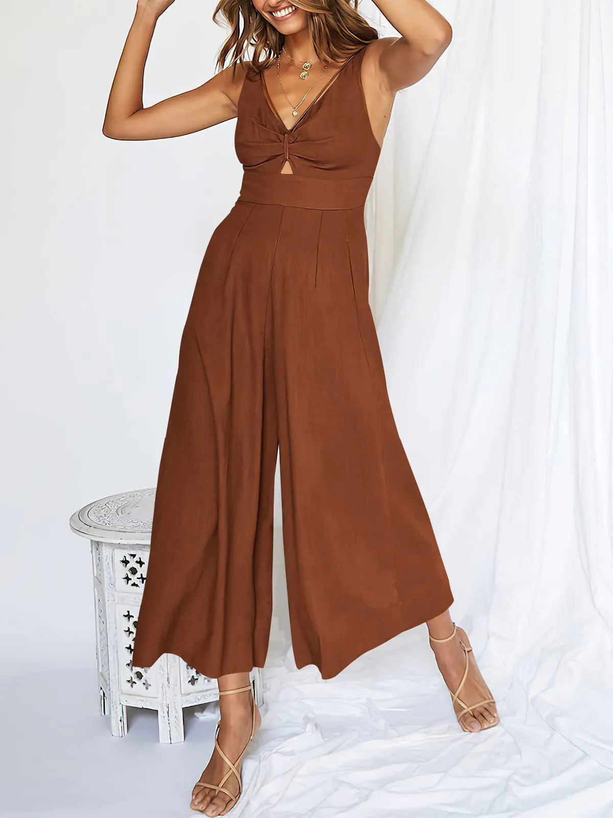 Summer Suspenders V-neck Hollow Pleated High Waist Wide Leg Pocket Women's Jumpsuit display picture 16
