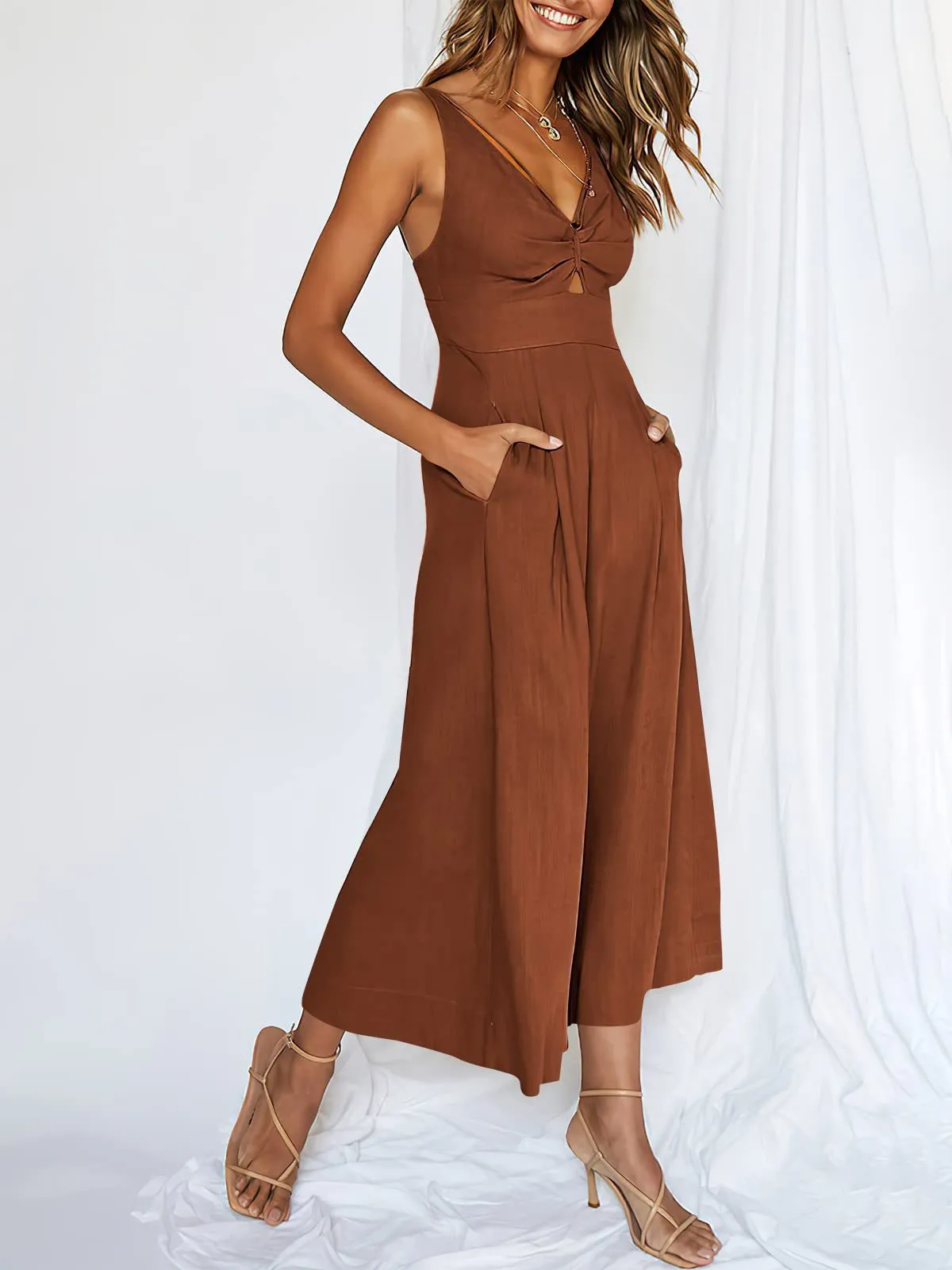 Summer Suspenders V-neck Hollow Pleated High Waist Wide Leg Pocket Women's Jumpsuit display picture 18