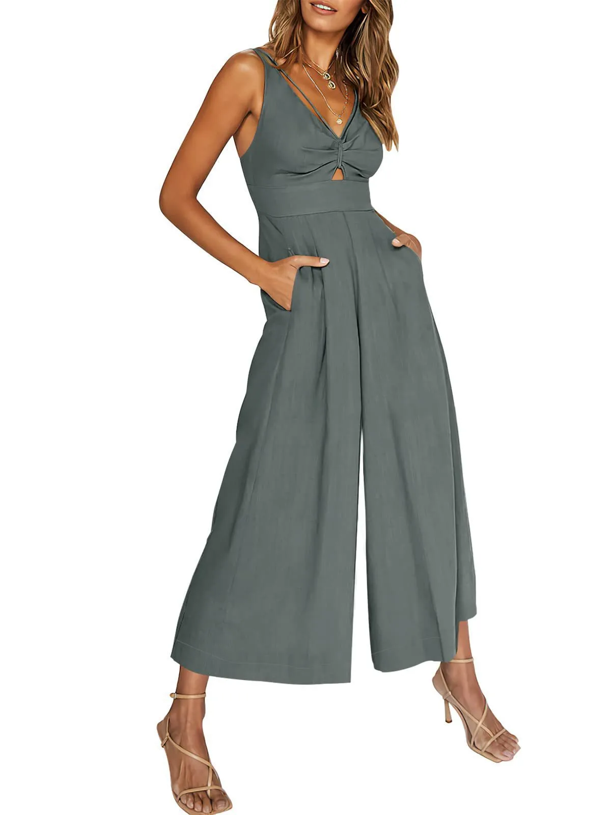 Summer Suspenders V-neck Hollow Pleated High Waist Wide Leg Pocket Women's Jumpsuit display picture 21