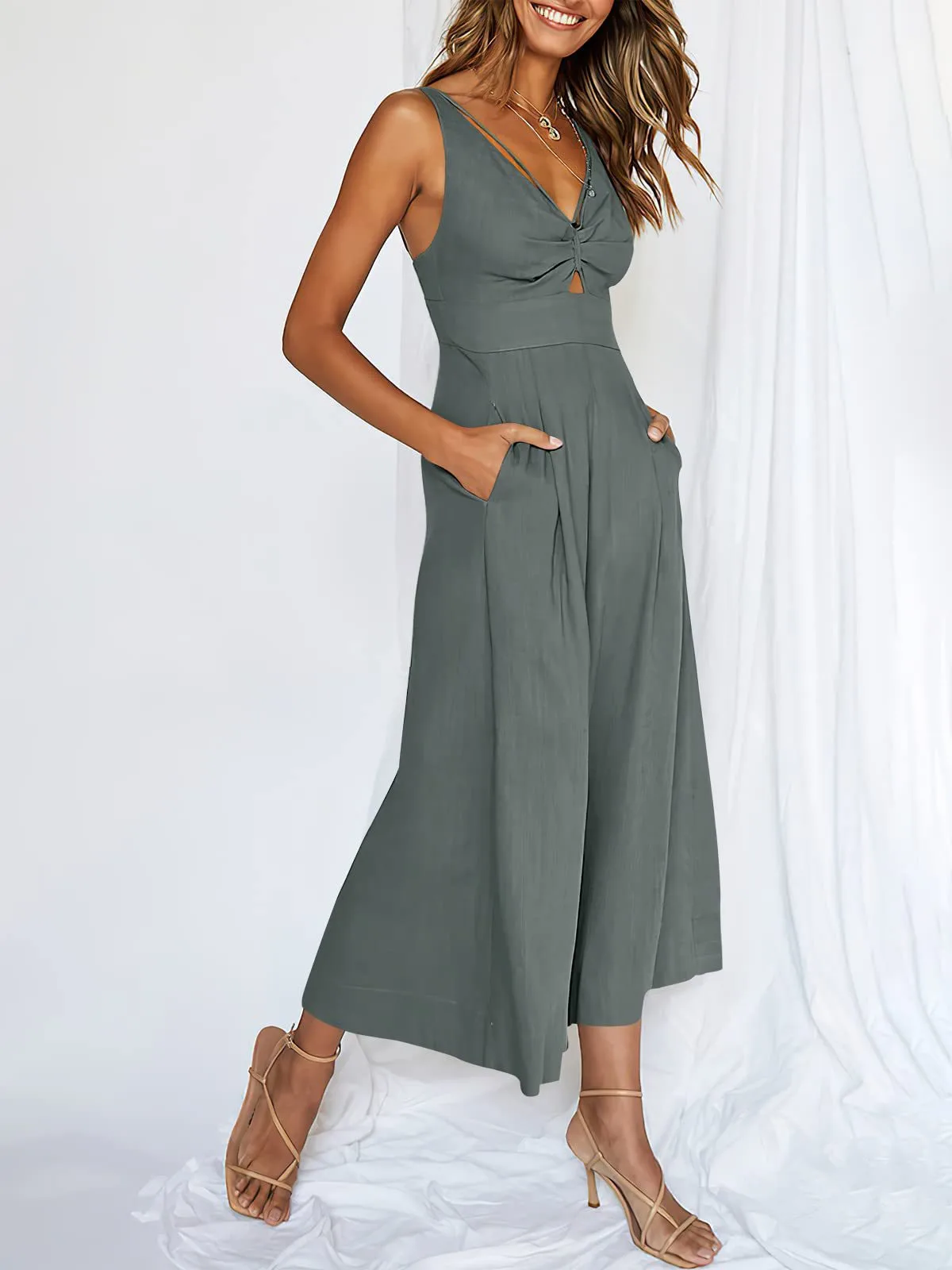 Summer Suspenders V-neck Hollow Pleated High Waist Wide Leg Pocket Women's Jumpsuit display picture 24