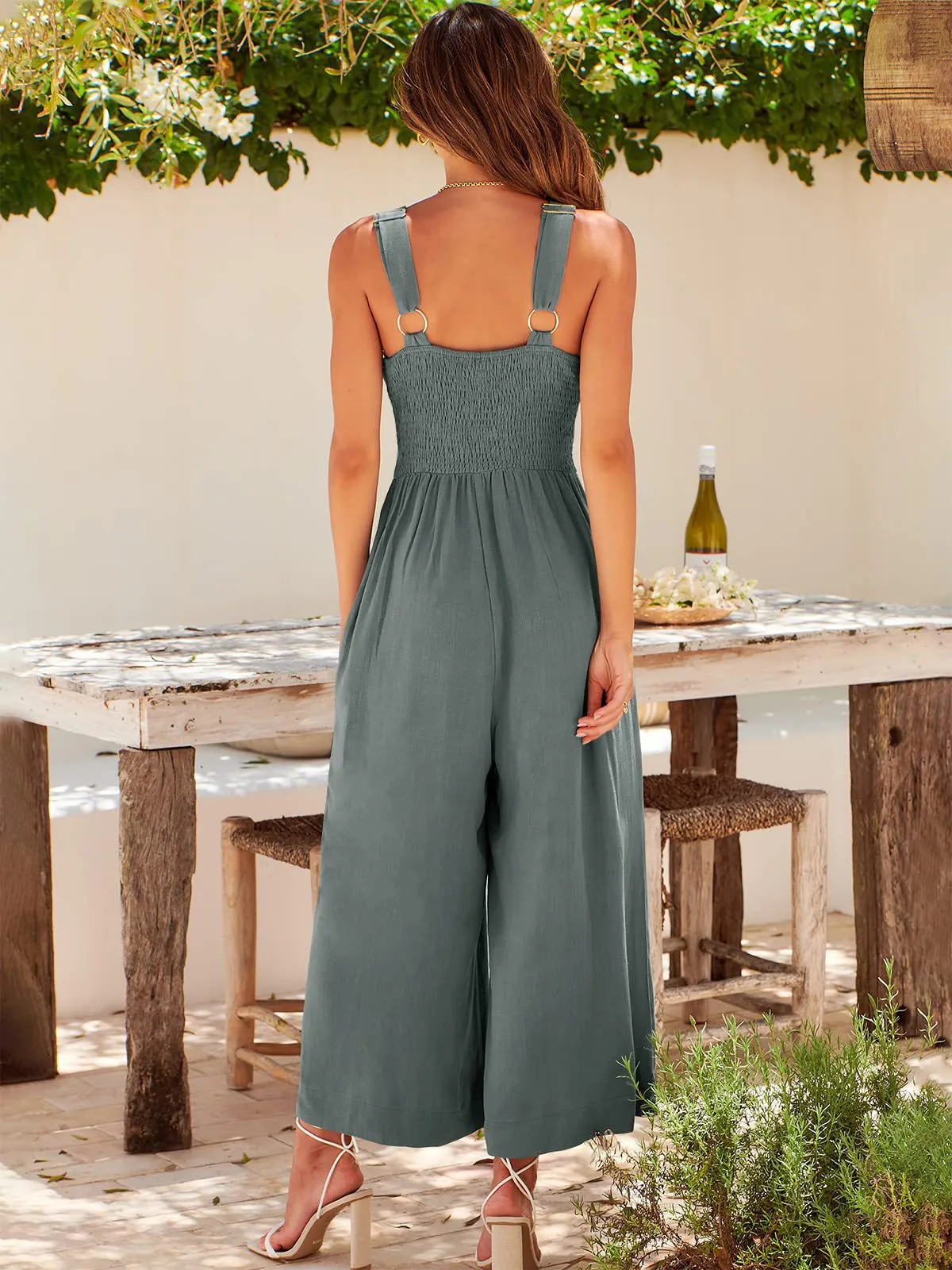 Summer Suspenders V-neck Hollow Pleated High Waist Wide Leg Pocket Women's Jumpsuit display picture 26