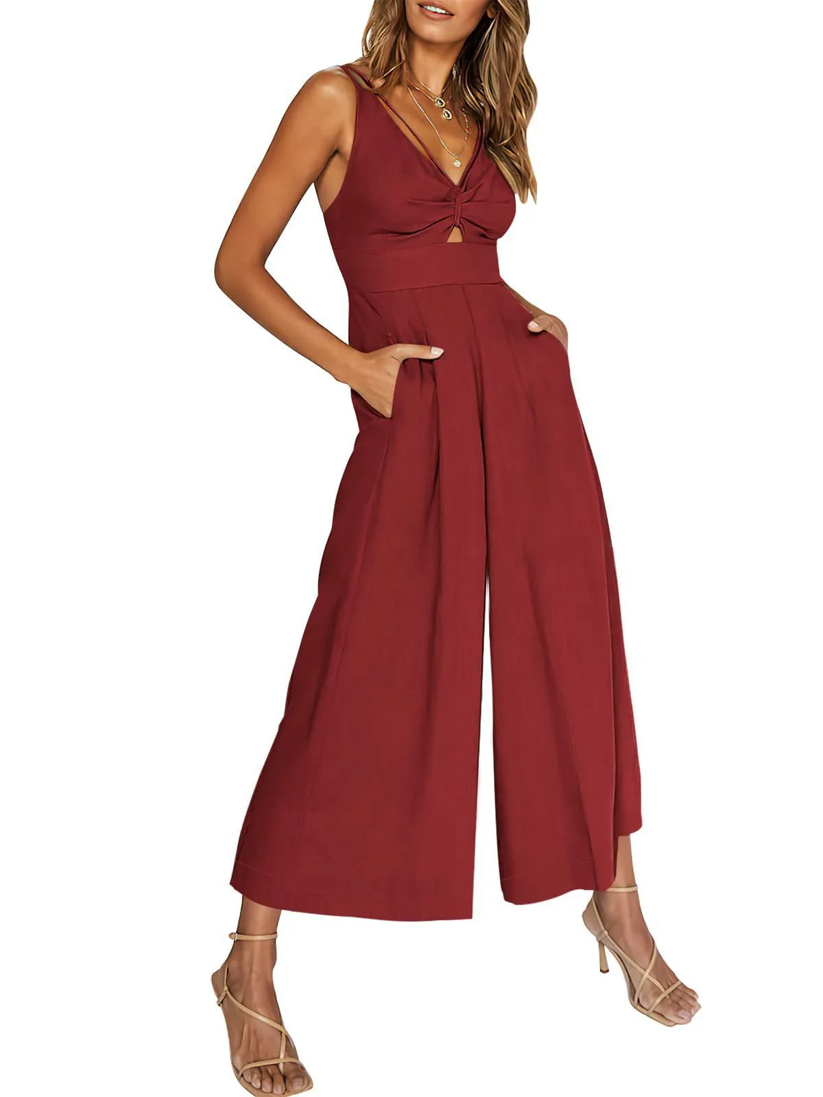 Summer Suspenders V-neck Hollow Pleated High Waist Wide Leg Pocket Women's Jumpsuit display picture 27