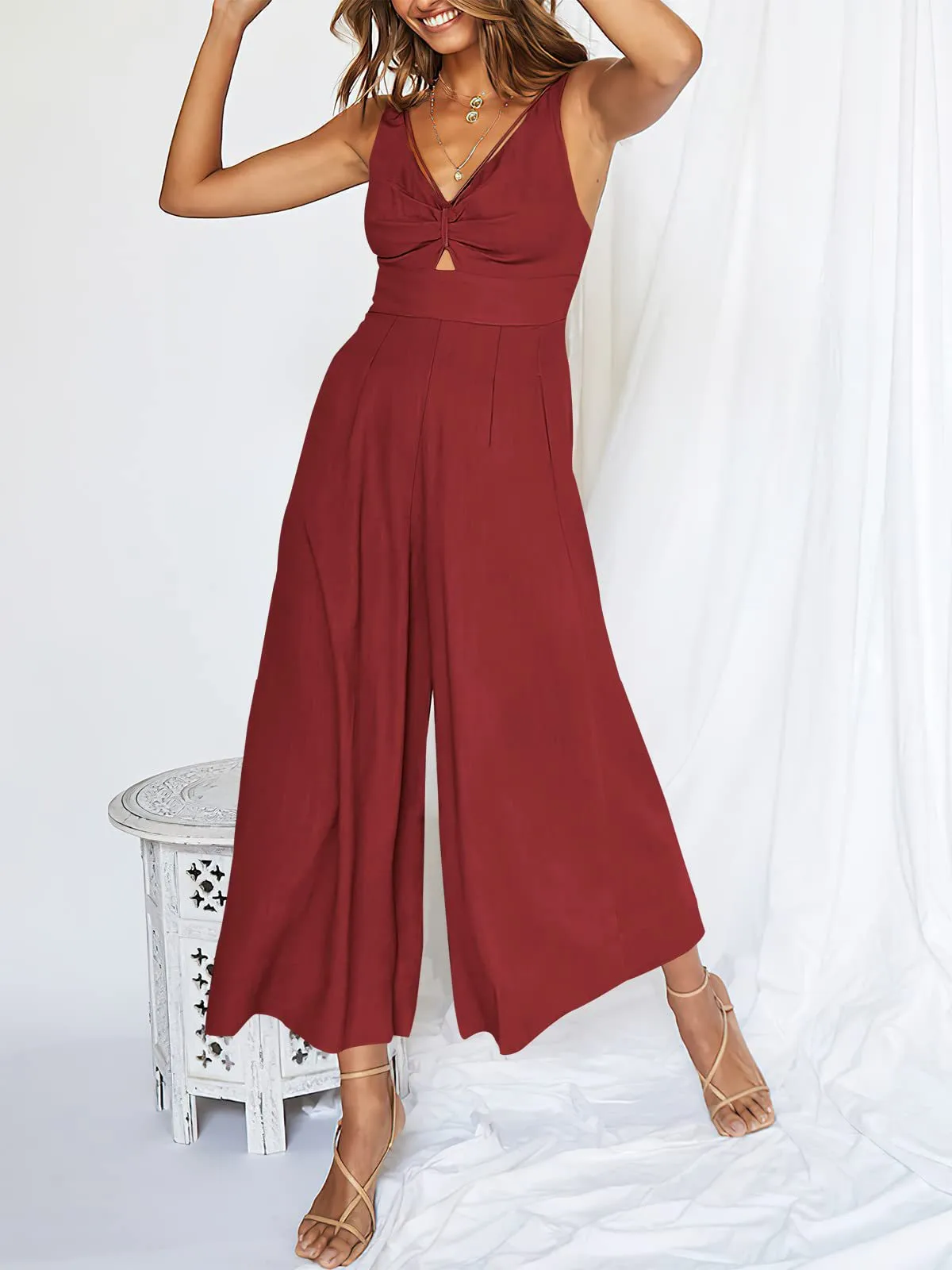 Summer Suspenders V-neck Hollow Pleated High Waist Wide Leg Pocket Women's Jumpsuit display picture 28