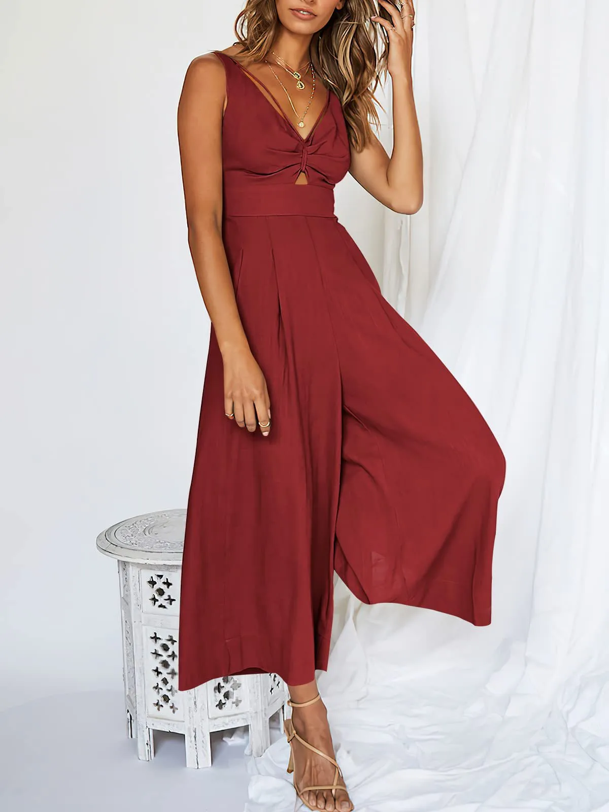 Summer Suspenders V-neck Hollow Pleated High Waist Wide Leg Pocket Women's Jumpsuit display picture 29