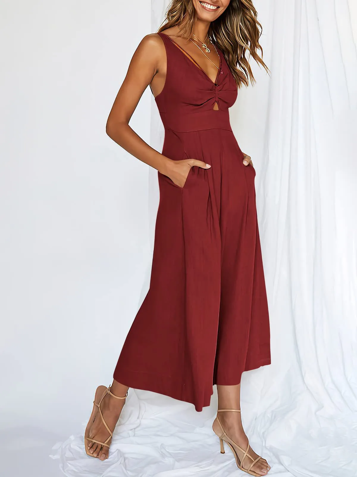 Summer Suspenders V-neck Hollow Pleated High Waist Wide Leg Pocket Women's Jumpsuit display picture 30