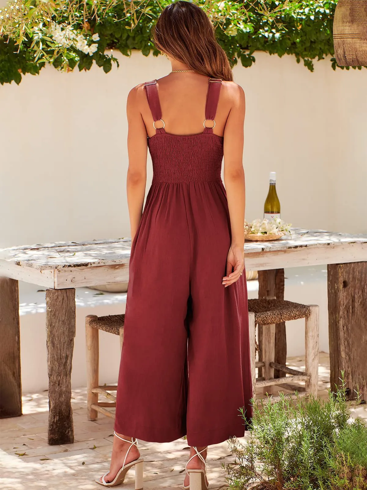 Summer Suspenders V-neck Hollow Pleated High Waist Wide Leg Pocket Women's Jumpsuit display picture 32