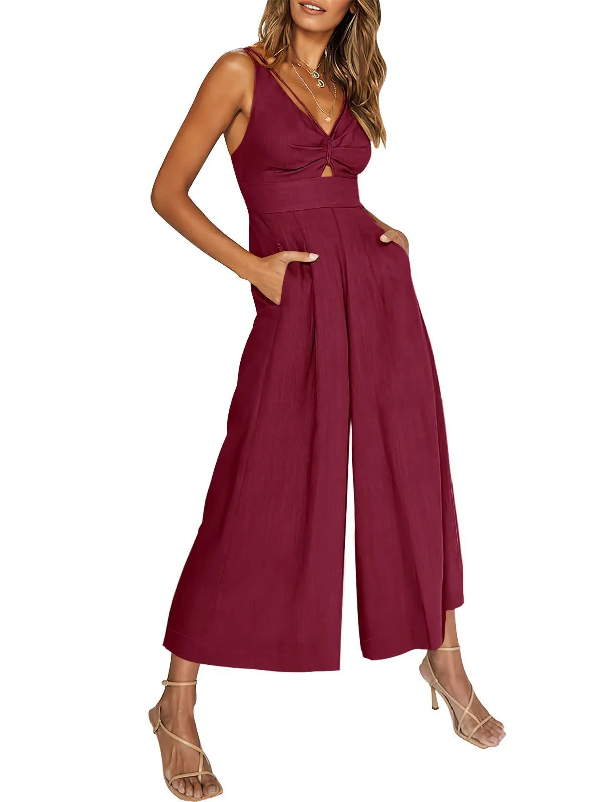Summer Suspenders V-neck Hollow Pleated High Waist Wide Leg Pocket Women's Jumpsuit display picture 33