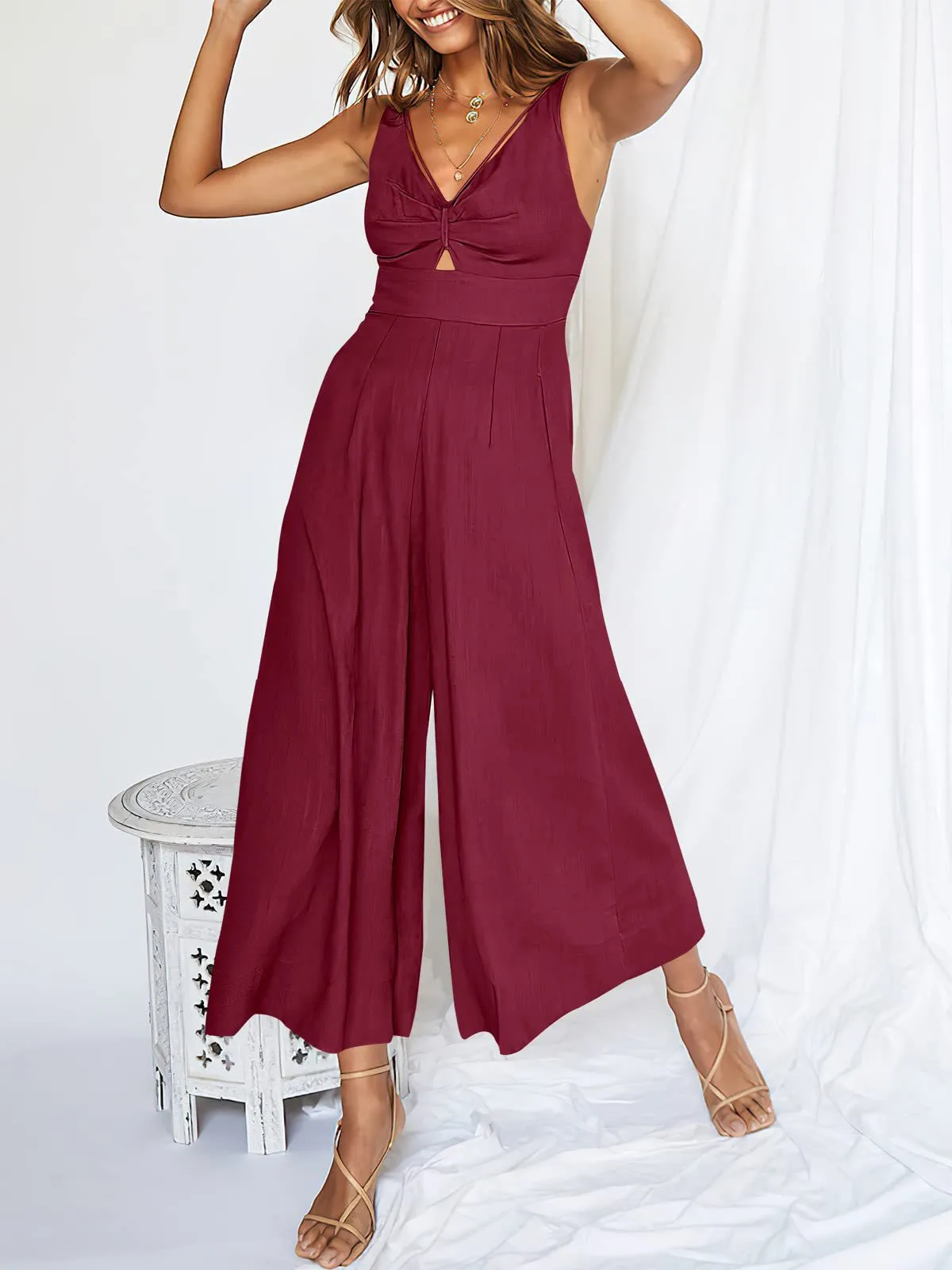 Summer Suspenders V-neck Hollow Pleated High Waist Wide Leg Pocket Women's Jumpsuit display picture 34