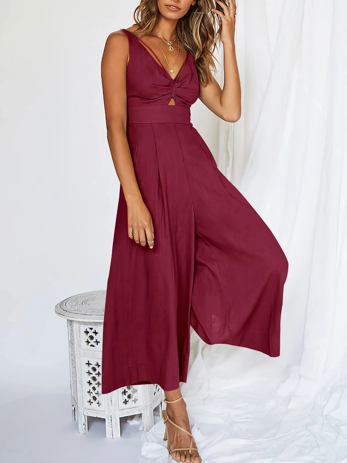 Summer Suspenders V-neck Hollow Pleated High Waist Wide Leg Pocket Women's Jumpsuit display picture 35