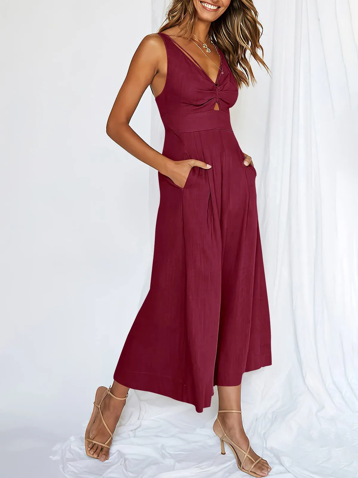 Summer Suspenders V-neck Hollow Pleated High Waist Wide Leg Pocket Women's Jumpsuit display picture 36
