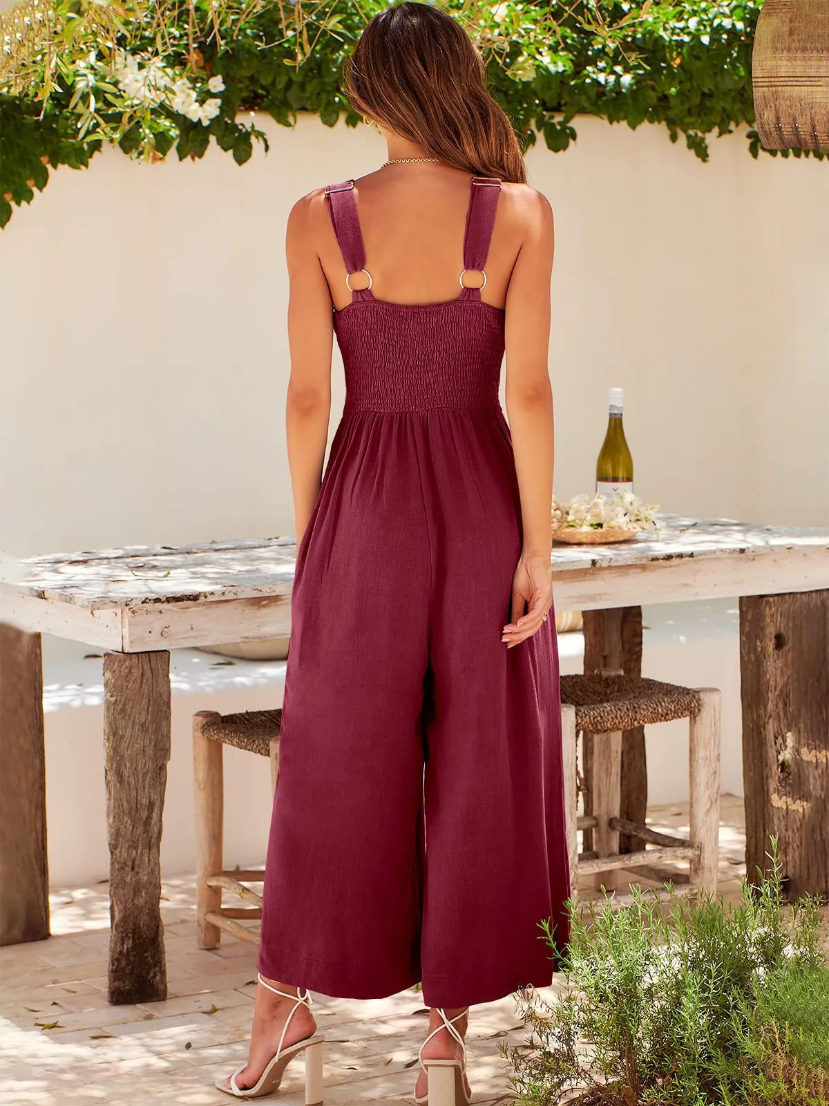 Summer Suspenders V-neck Hollow Pleated High Waist Wide Leg Pocket Women's Jumpsuit display picture 38